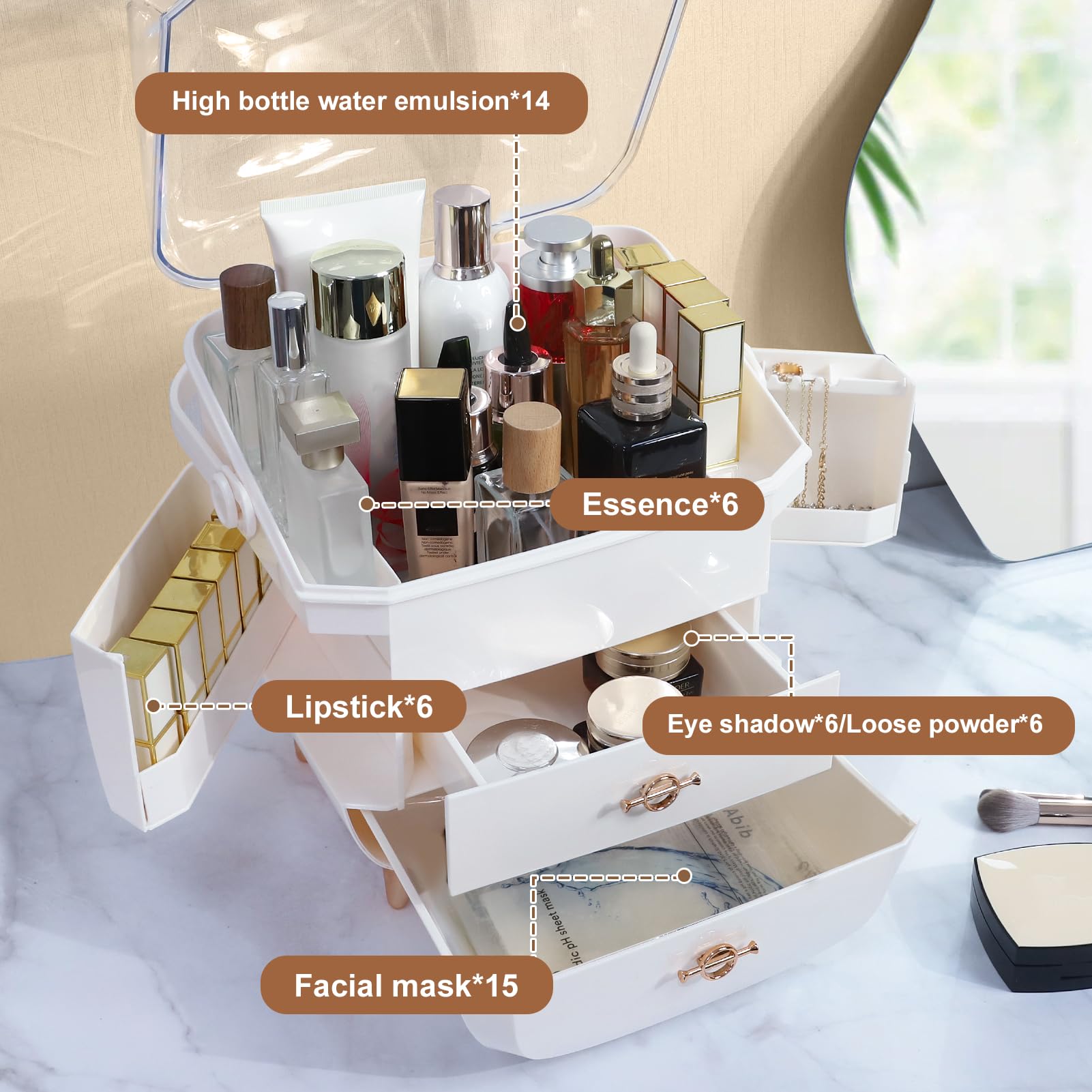 Ancaixin Makeup Organizer For Vanity, Portable Skincare Organizers With Lid And Drawers, Make Up Storage & Cosmetic Display Case