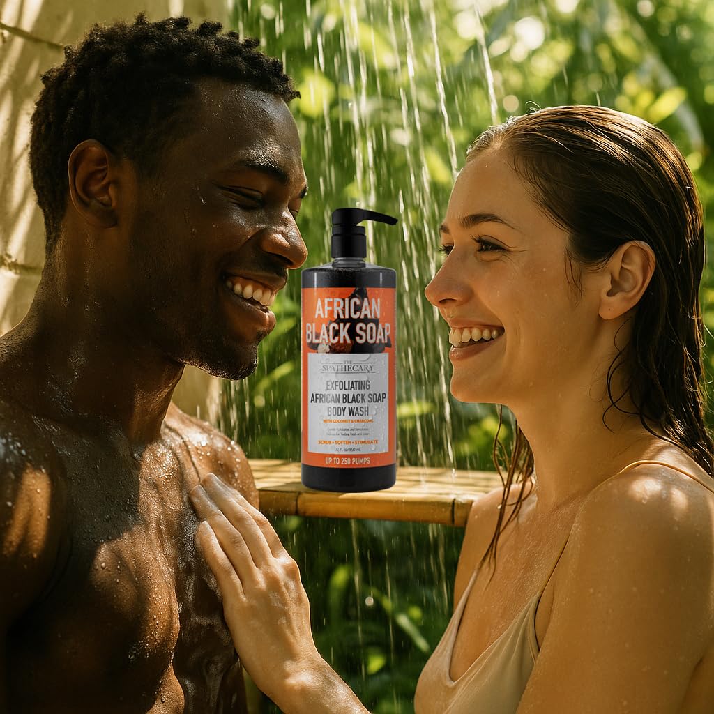 The Spathecary African Black Soap Exfoliating Body Wash with Coconut and Charcoal, Scrub, Soften, Stimulate, 32 oz