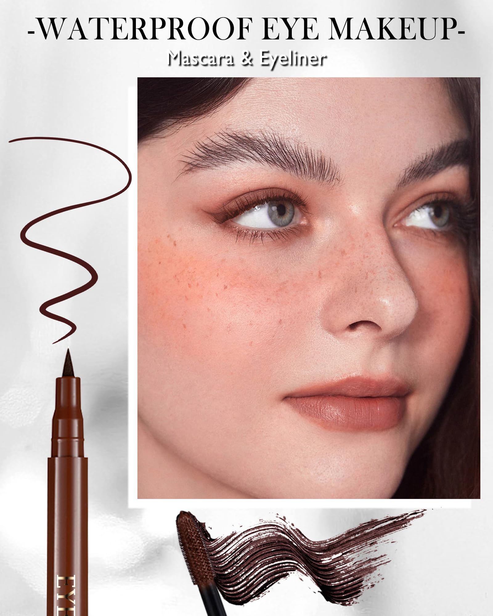 Brown Waterproof Mascara & Eyeliner, 5D Silk Fiber Lash Extensions Colored Tubing Mascara Volume And Length, Long-Lasting Smudge