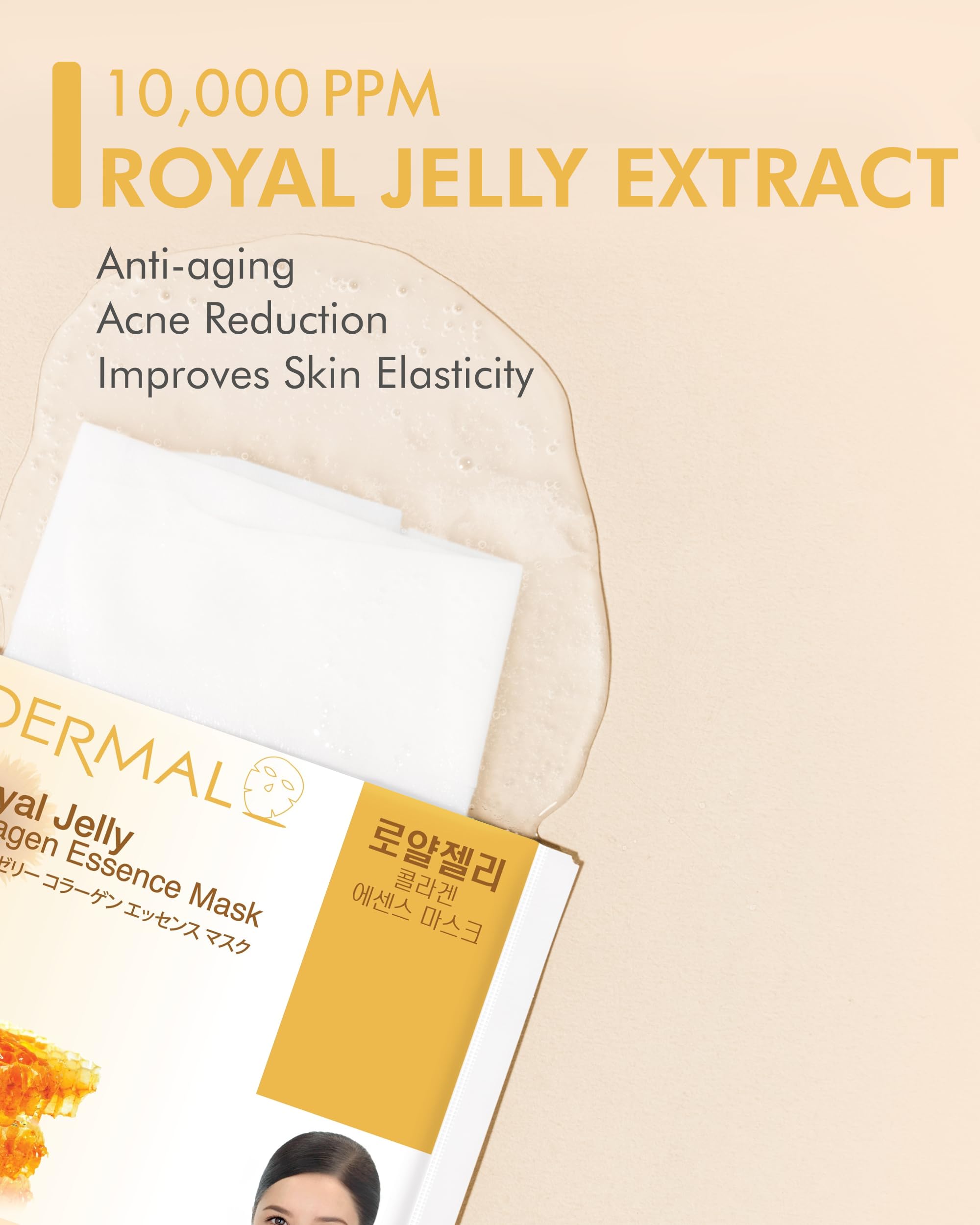 Dermal Royal Jelly Collagen Essence Korean Facial Mask Sheet Pack Of 10 - Intensive Moisture Therapy For Stress-Relief And Skin