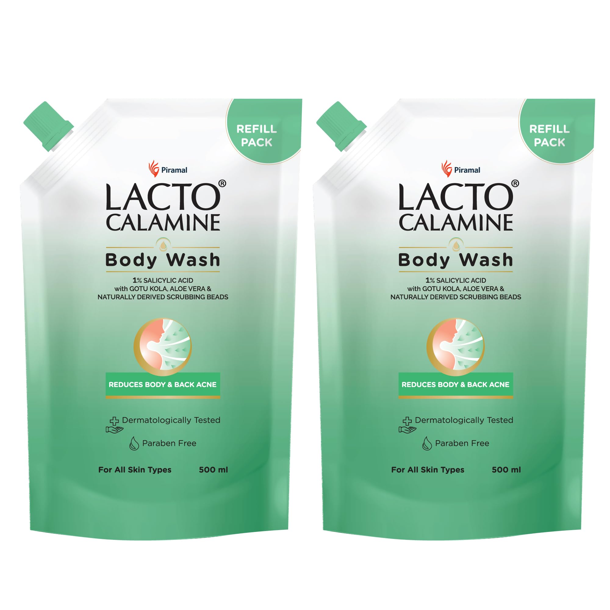 Lacto Calamine 1% Salicylic Acid Body Wash Refill Pouch | 500Ml - Pack Of 2 | For Body Acne, Back Acne,Rough & Bumpy Skin | Cica
