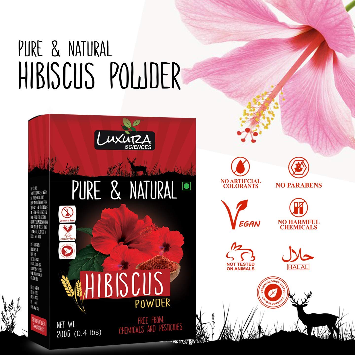 Luxura Sciences Organic Hibiscus Powder for Healthy Hair Growth & Loss Control | Gives Thicker Eyebrows & Healthy Skin | Natural