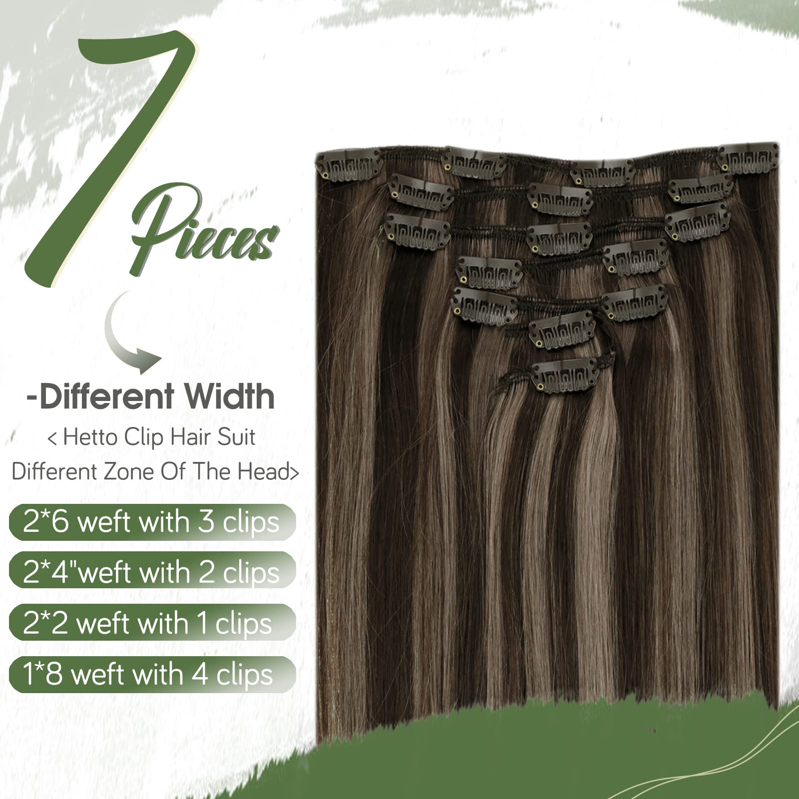 Hetto Clip in Real Human Hair Extensions Highlighted Brown Hair Clip in Hair Extensions 18 Inch Clip in Straight Real Human Hair