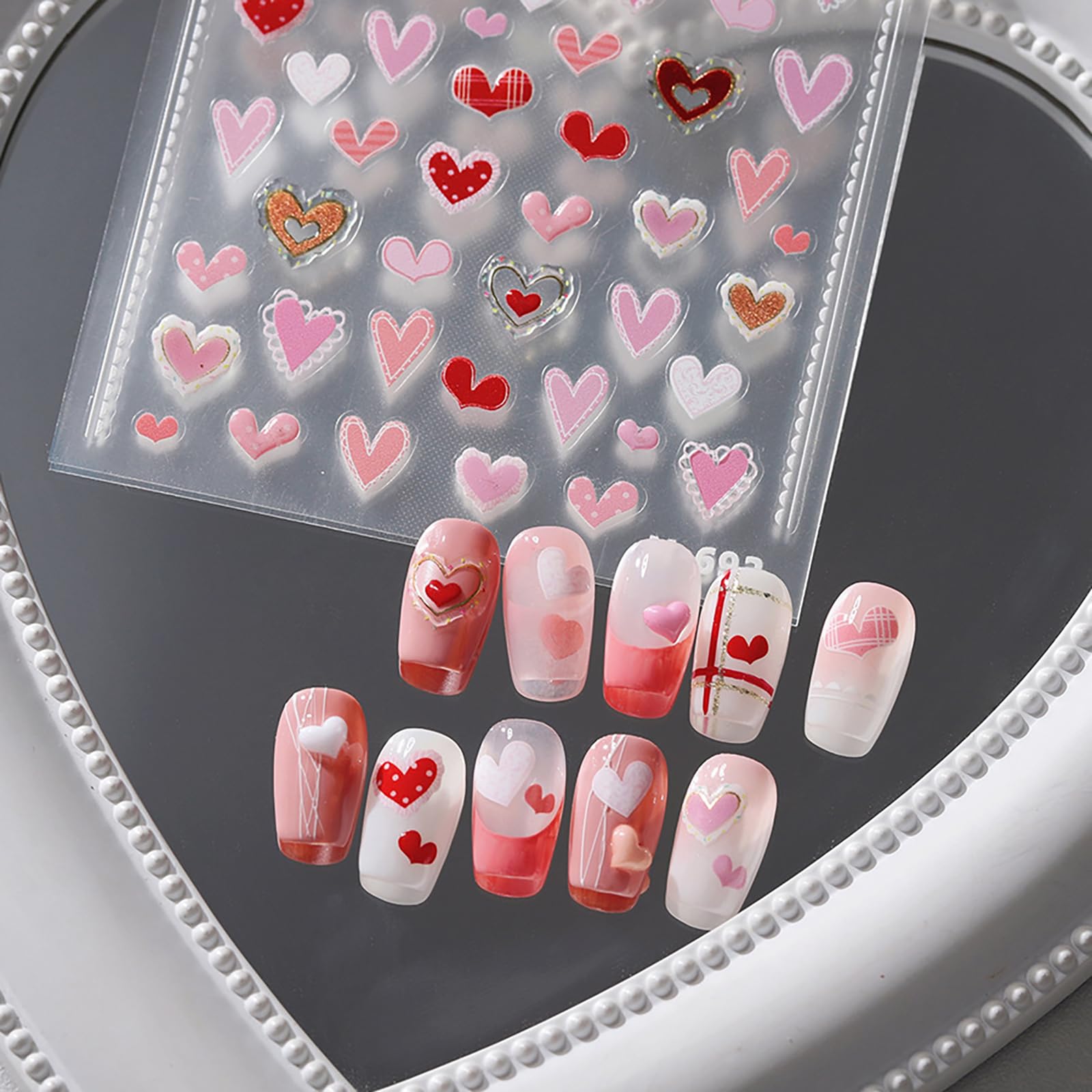 Valentine's Day Nail Stickers for Nail Art - Red Pink Heart Nail Art Stickers Romantic Valentine's Day 3D Nail Decals Self-Adhes