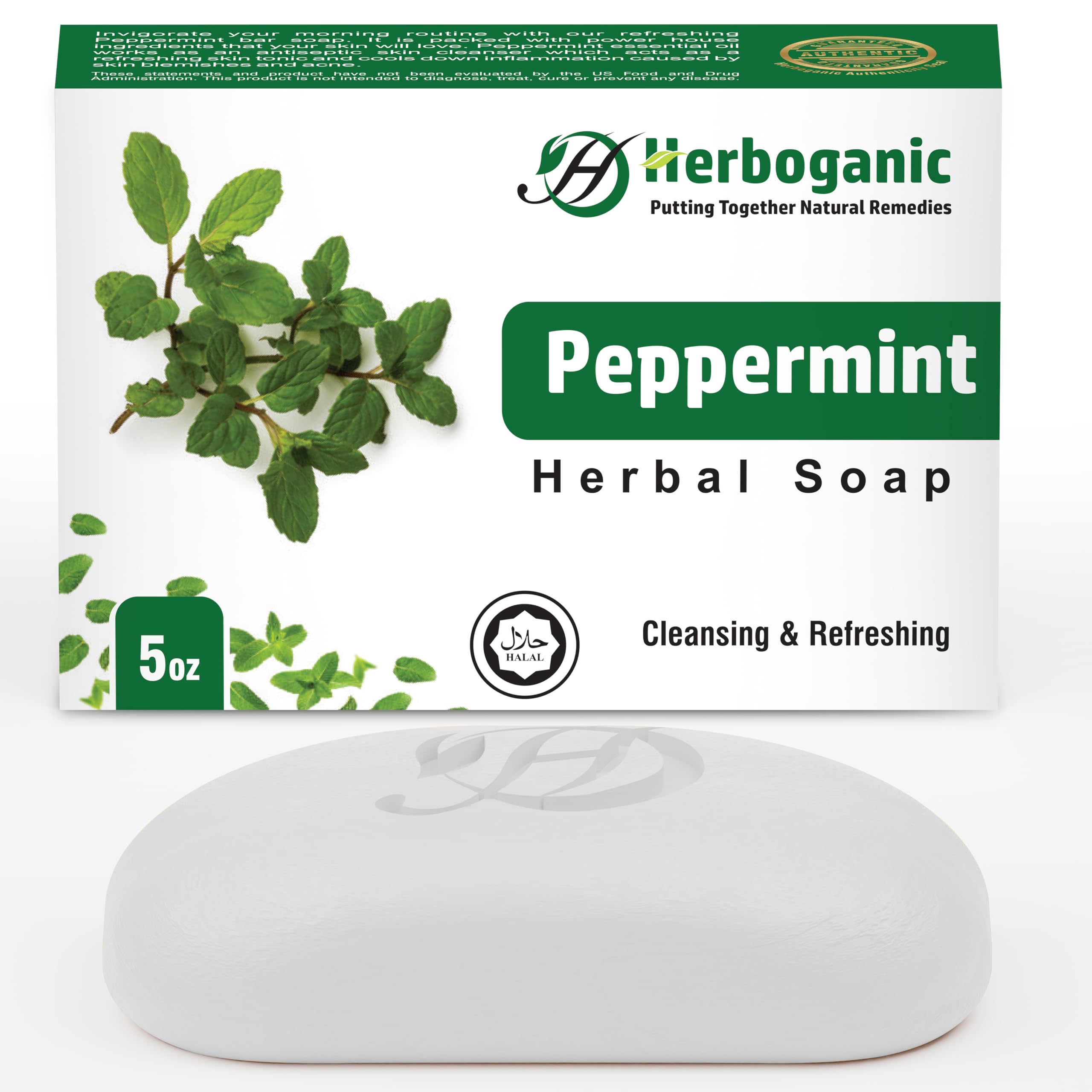 HERBOGANIC Peppermint Herbal Soap | Pack of 1 of 5oz soap Bar | Natural Soap Bar| Rejuvenating and Nourishing | Gentle for Men a