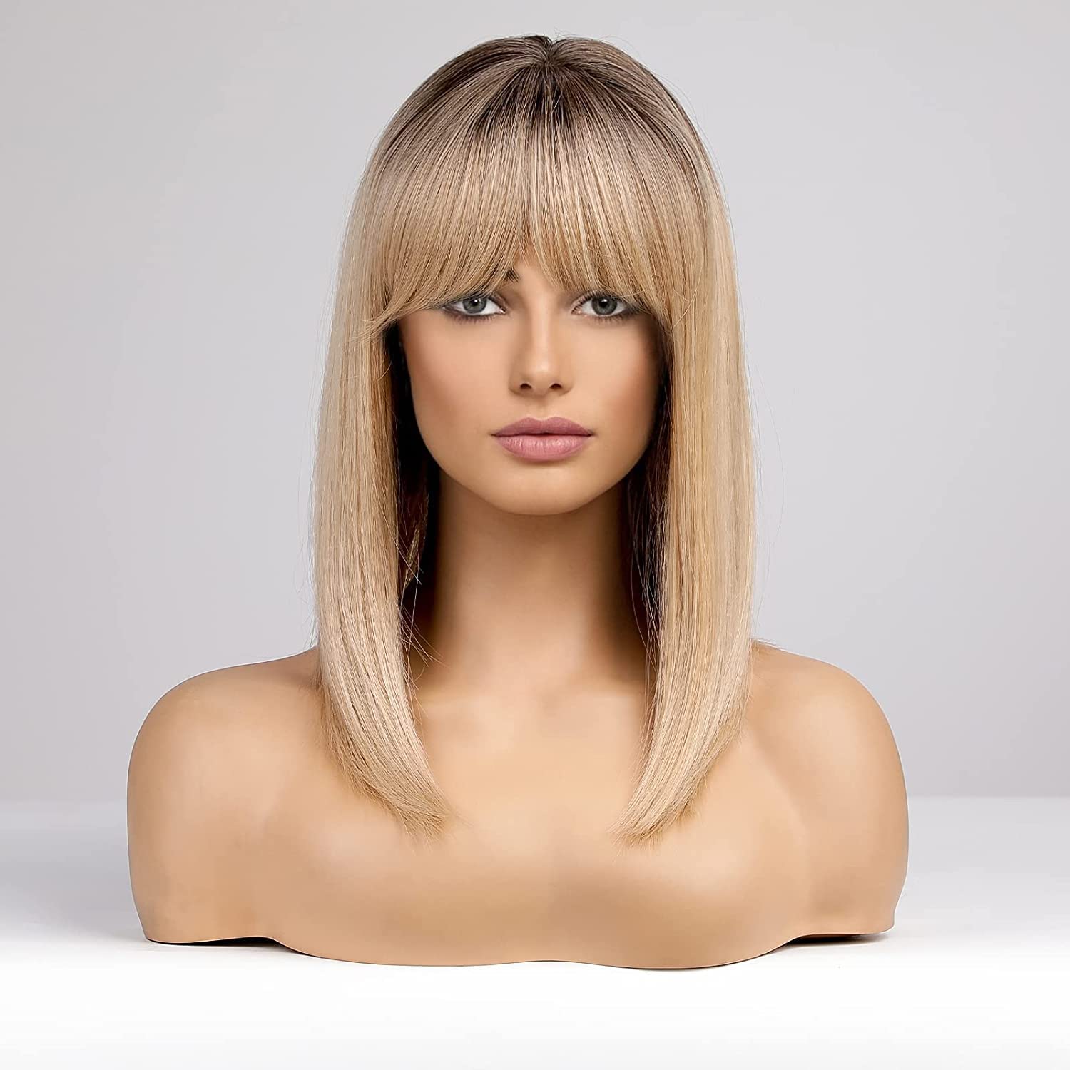 Haircube Long Blonde Wig With Bangs,Medium Length Ombre Blonde Wigs For Women Human Hair Blend Healthy Synthetic 16 Inch Wigs
