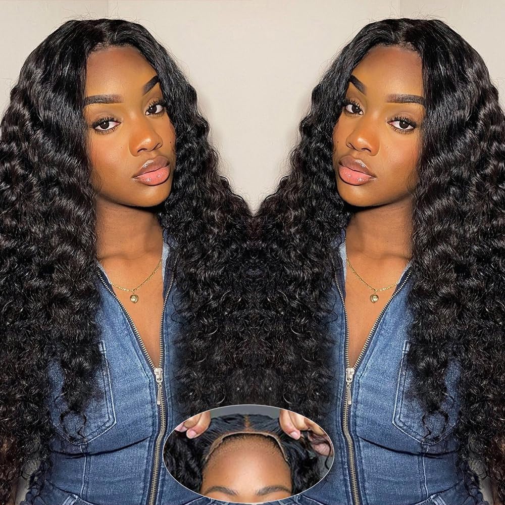 SNJON 34 Inch Glueless Wigs Human Hair Pre Plucked Pre Cut 180 Density Water Wave HD Lace Front Wigs Human Hair Glueless Wear an