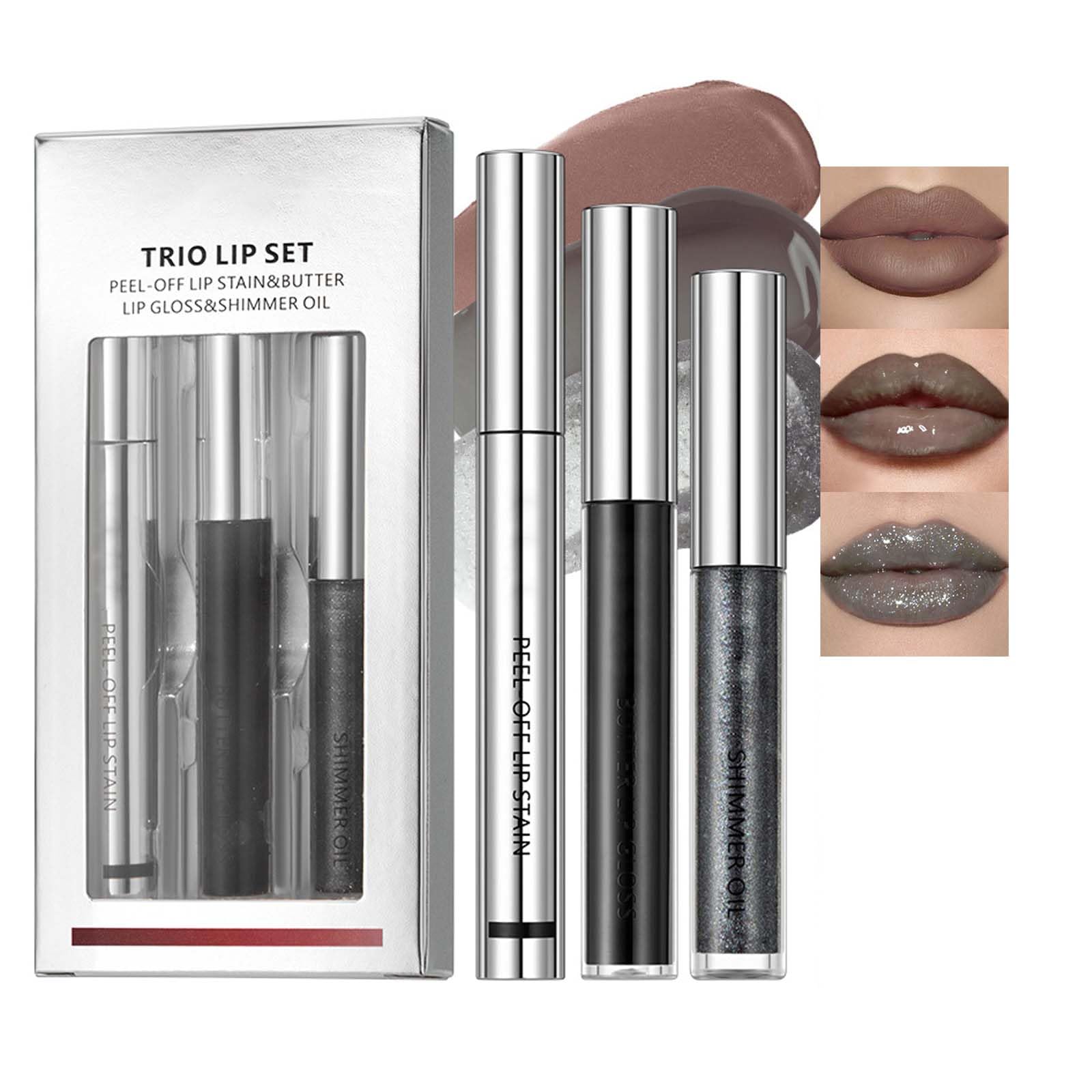 Peel Off Lip Liner Stain and Lip Gloss Comb Set,Long Lasting Waterproof Black Transferproof Lip Gloss Shine Liquid Lipstick Set,