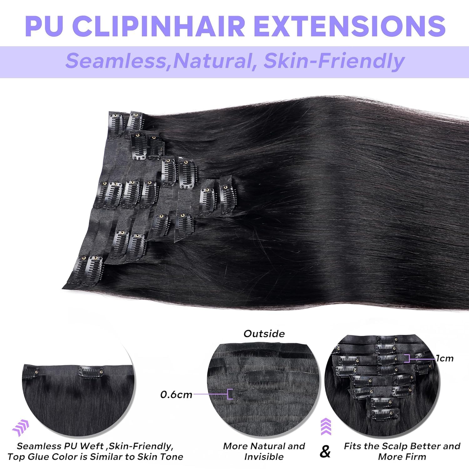 Pobokix Seamless Clip In Hair Extensions Real Human Hair Straight Brazilian Human Hair Clip In Extensions 8Pcs Pu Clip In Remy H