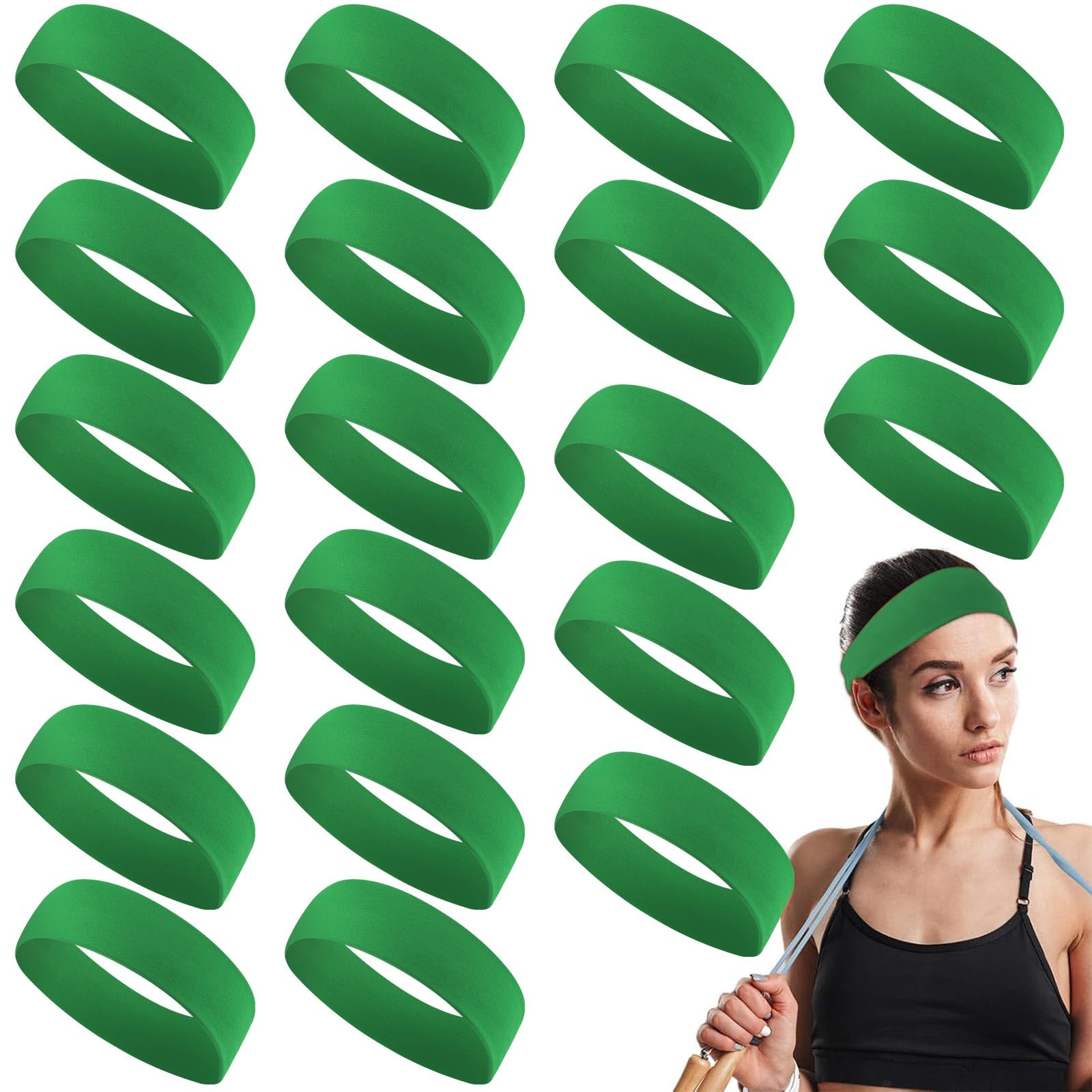 Hotop 20 Pcs Sport Stretchy Headbands for Girls Women Non Slip Soft Fabric Elastic Headband Bulk for Yoga DIY Team Gifts(Green)
