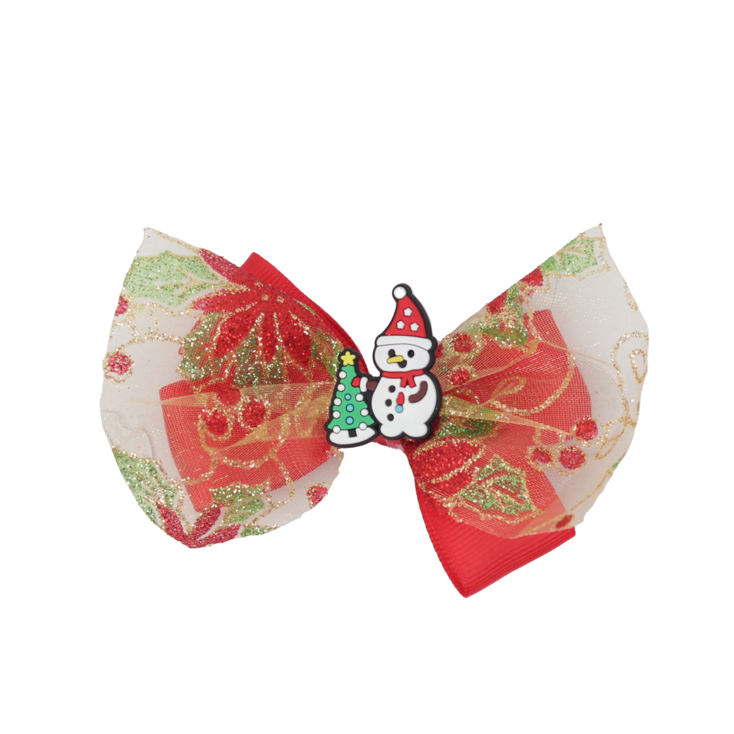 Hair Bow Sparkle Christmas Bow with Silicone Charm - Red Snowman Tree