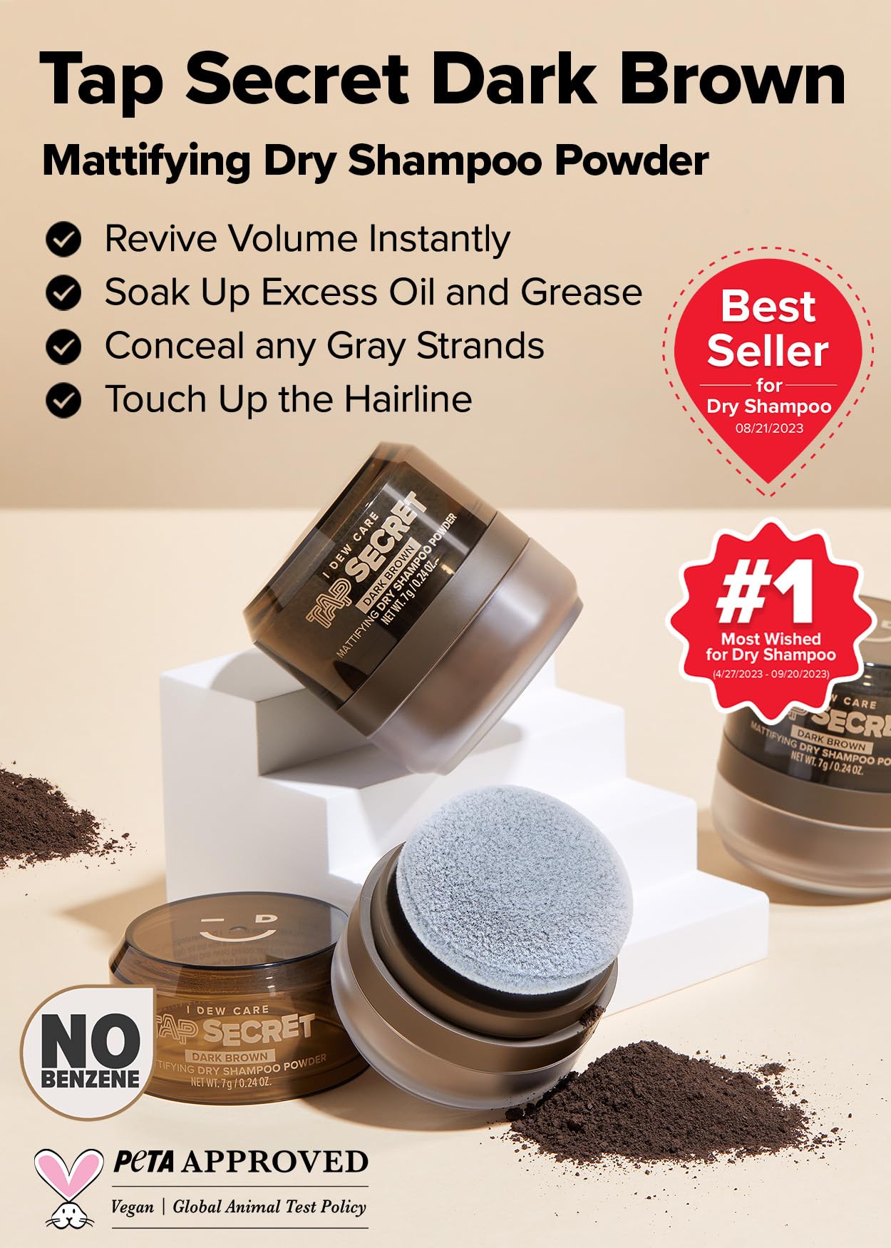 I Dew Care Dry Shampoo Powder - Tap Secret Dark Brown | With Betaine, Black Ginseng, Non-Aerosol, Benzene-Free, Mattifying Root