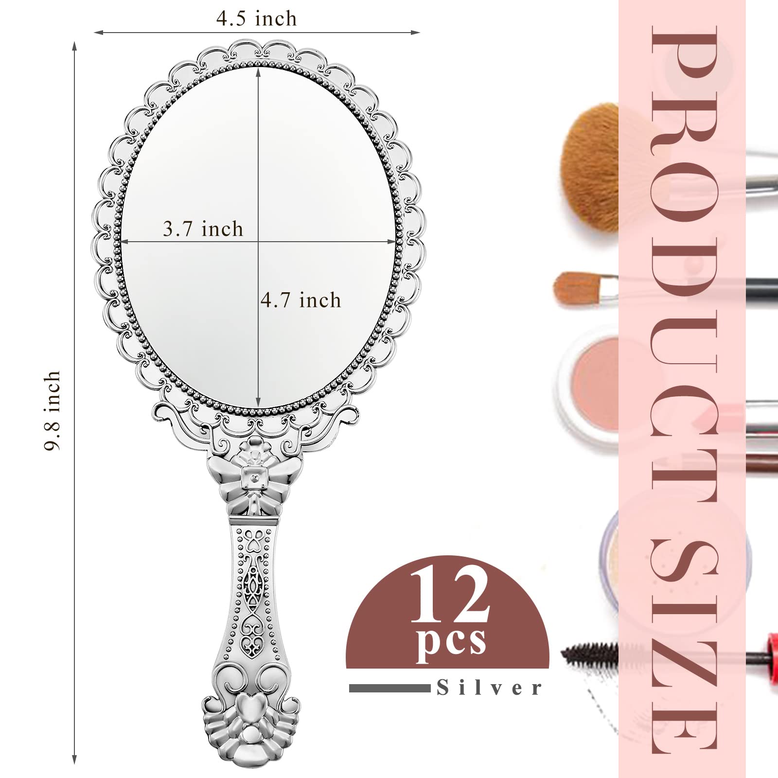 Qunclay 12 Pcs Vintage Handheld Mirror, 9.8'' L X 4.5'' W Small Sliver Embossed Mirror Portable Cute Princess Mirrors Compact Tr