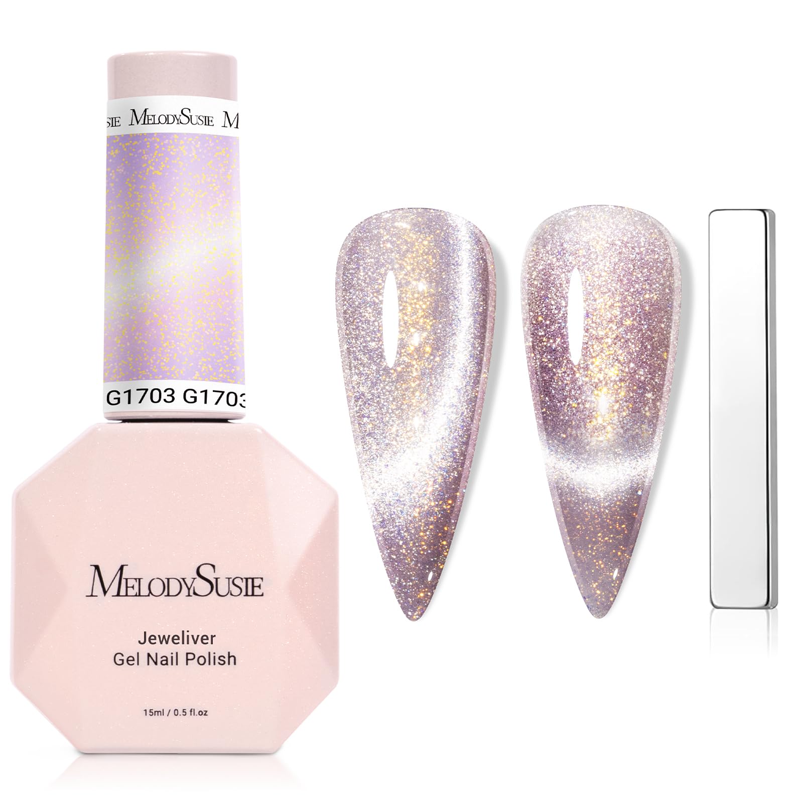 MelodySusie Starry Cat Eye Gel Nail Polish, 0.5 Fl Oz Light Pink Glitter Holographic Magnetic Nail Polish with Magnet, UV Nail P
