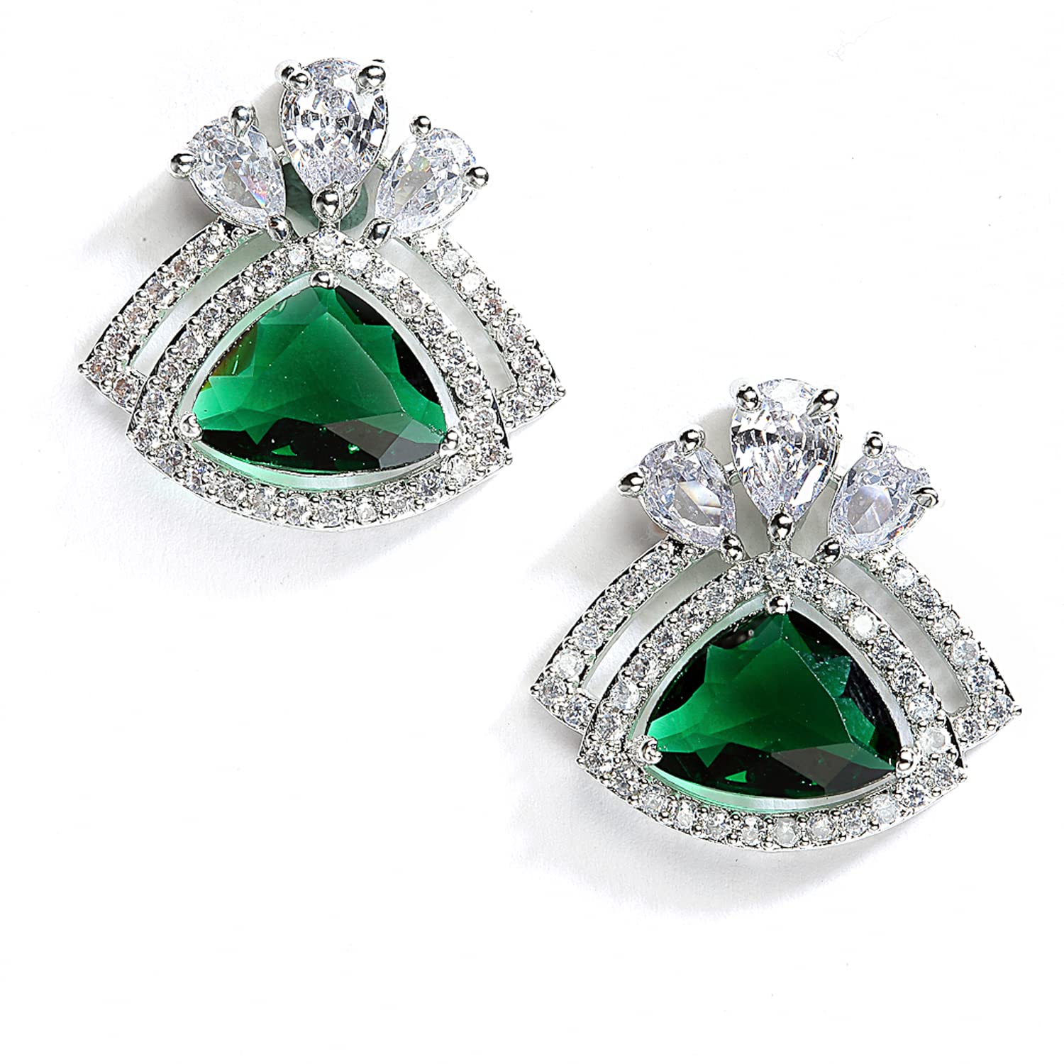 Zeneme Rhodium Plated American Diamond Studded Triangular Studs Earring Jewellery For Women and Girls (Green)