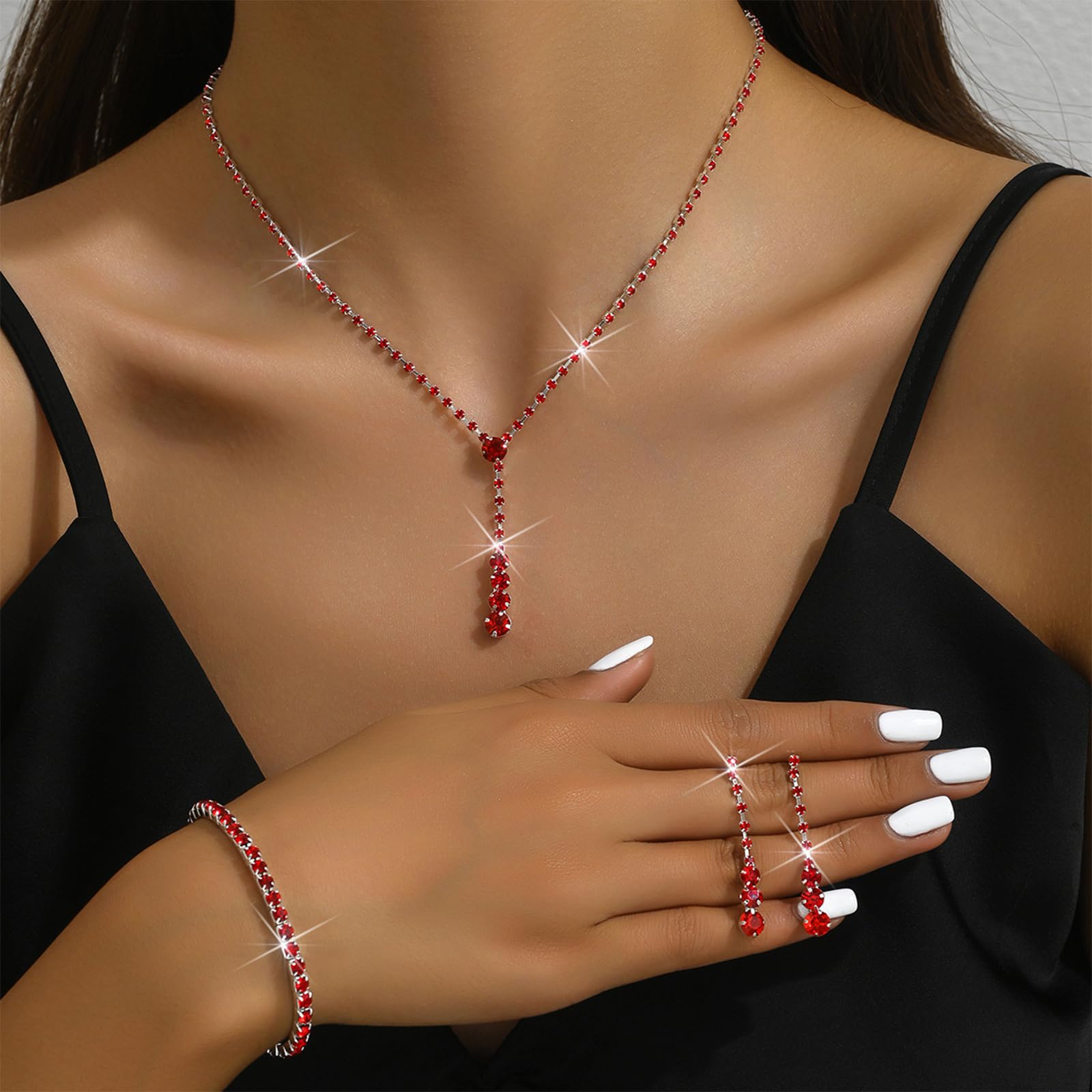 HUASAI Red Wedding Jewelry Sets for Brides Rhinestone Necklace Earrings Bracelet Set Bridal Costume Jewelry for Women Formal Wed