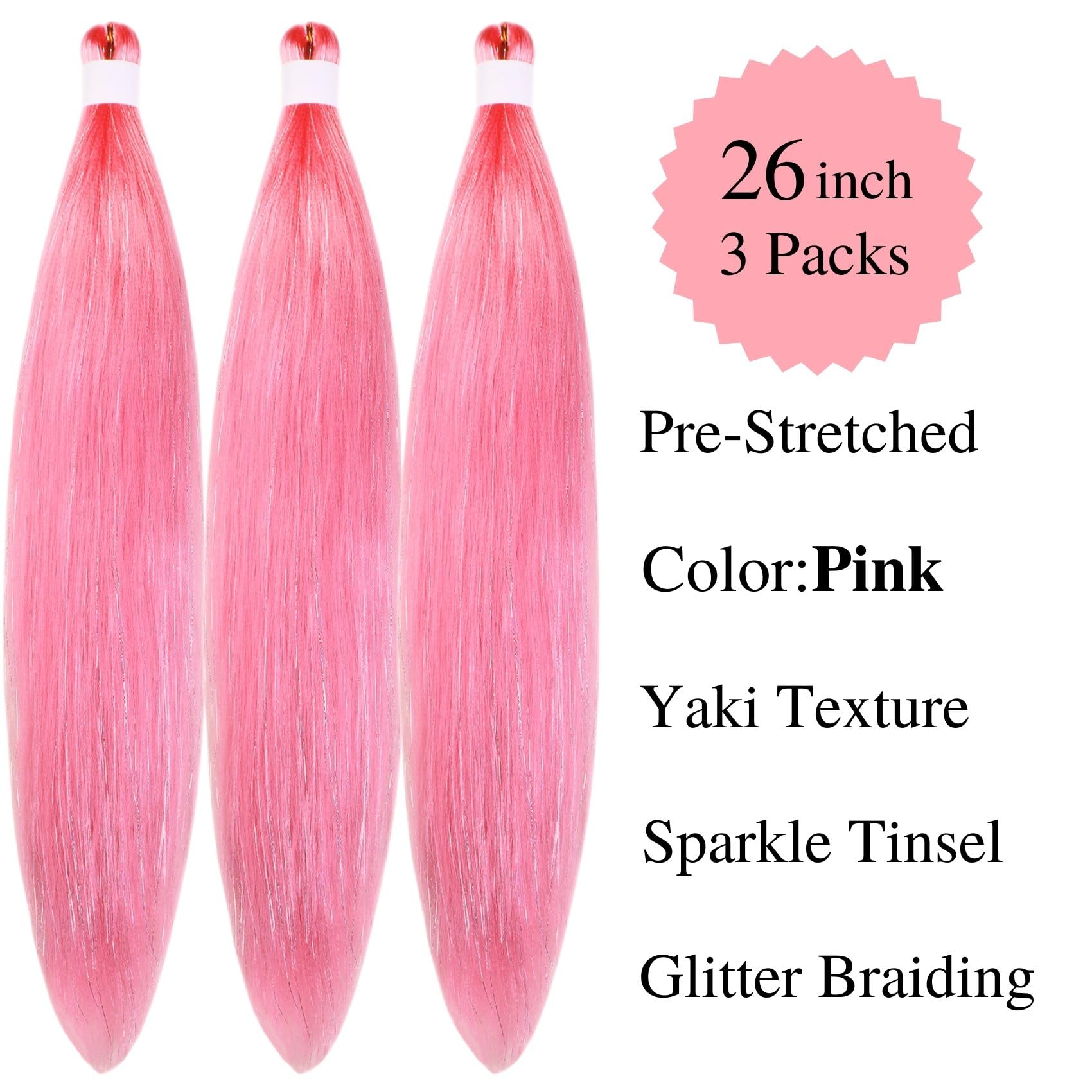 Gozill Pink Braiding Hair Pre Stretched Sparkle Tinsel Prestretched Braiding Hair Kanekalon Ez Braid Hypoallergenic Braiding Hai