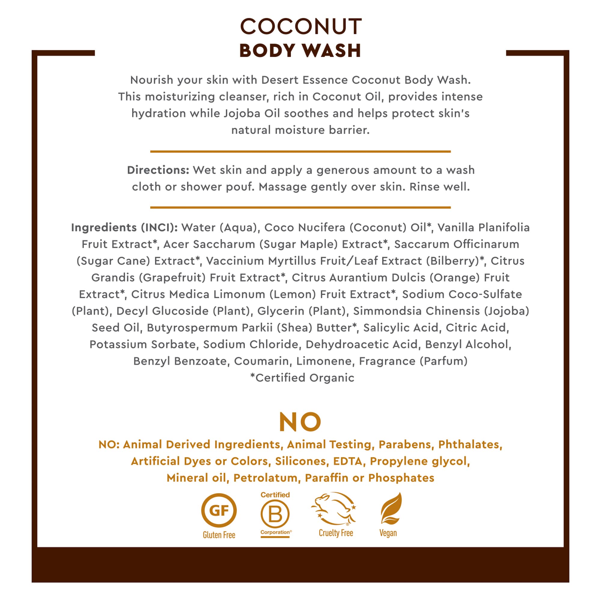 Desert Essence Coconut Body Wash Deep Hydration Infused with Moisture-Rich Botanicals Jojoba Oil, Organic Coconut & Shea Butter