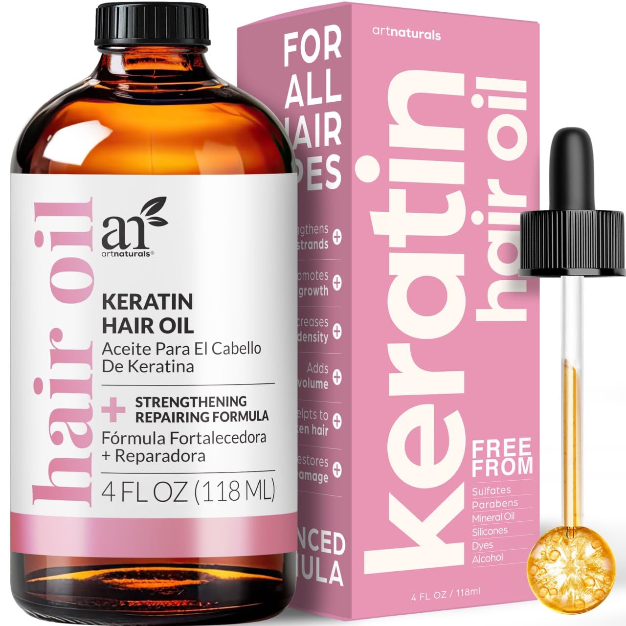 Artnaturals Keratin Hair Oil 4oz -Invigorating Nourishing Treatment for Hair & Scalp, Targeting Dryness, Damaged Hair, Split End