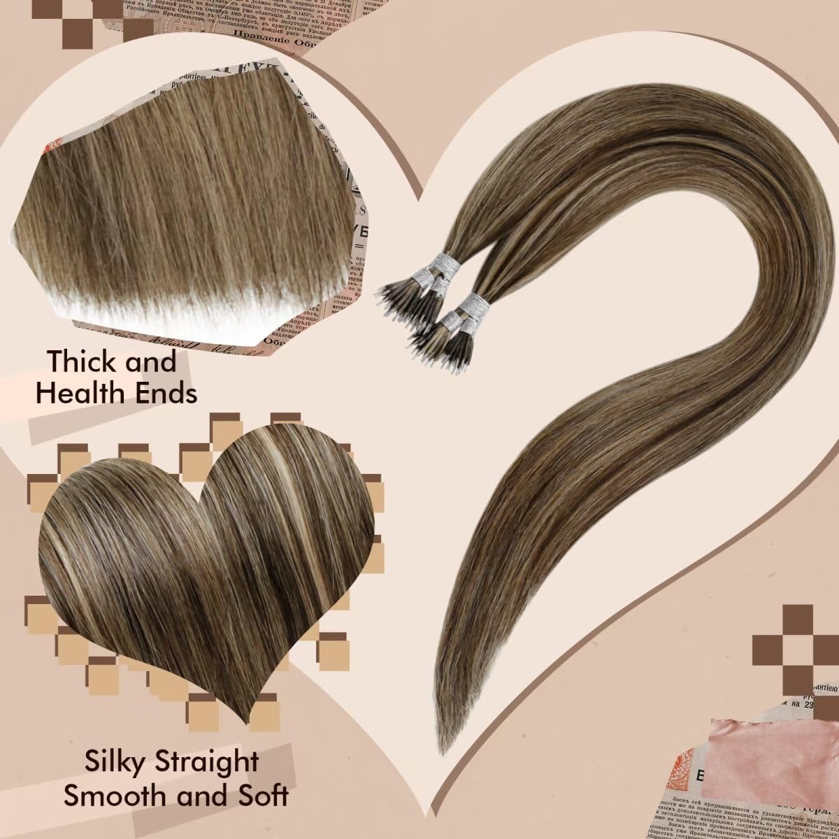 Hetto Nano Beads Human Hair Extensions #4/27 Dark Brown Highlights Caramel Blonde Nano Link Hair Extensions Human Hair 14 Inch R