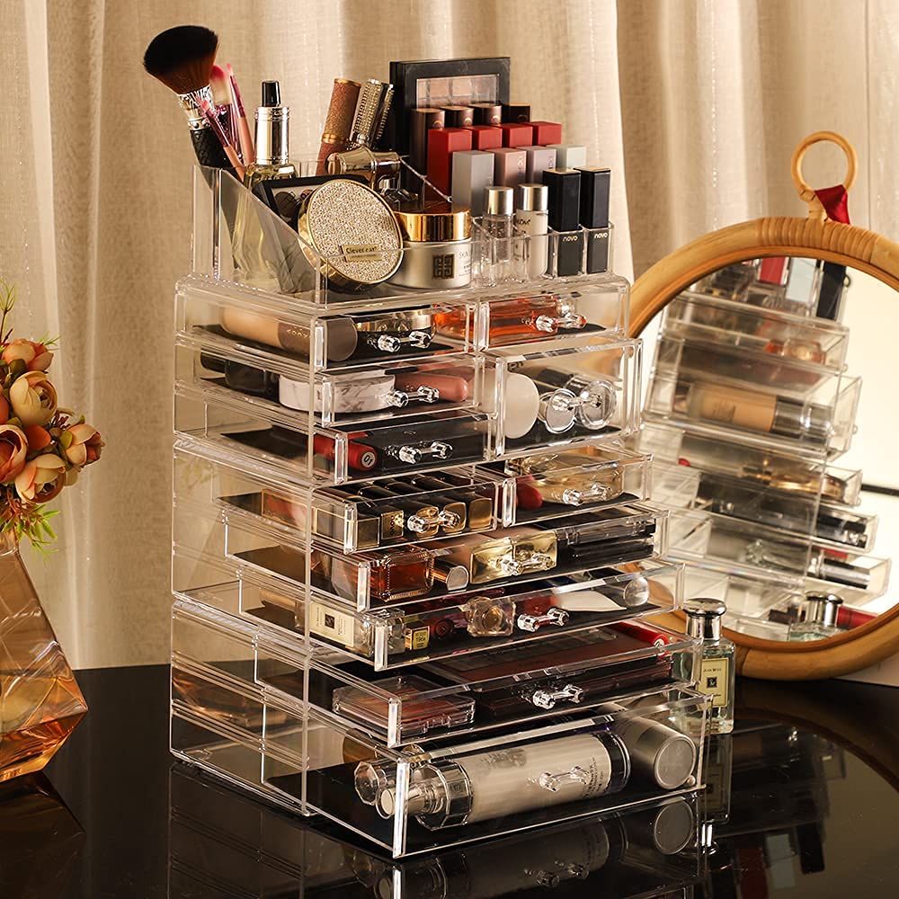 Cq Acrylic 4 Pack Clear Skincare Organizer For Vanity,Stackable 11 Drawers Make Up Organizer,Cute Cosmetic Organizer For Vanity