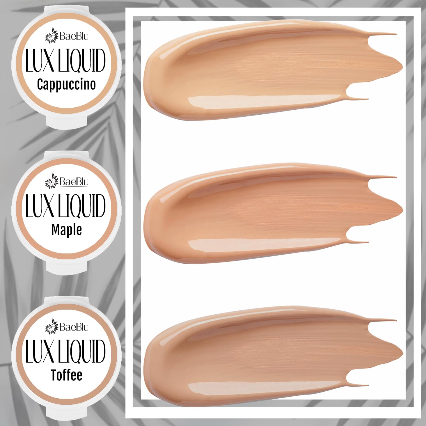 Baeblu Organic Lux Liquid Foundation Samples, Cappuccino, Maple, Toffee