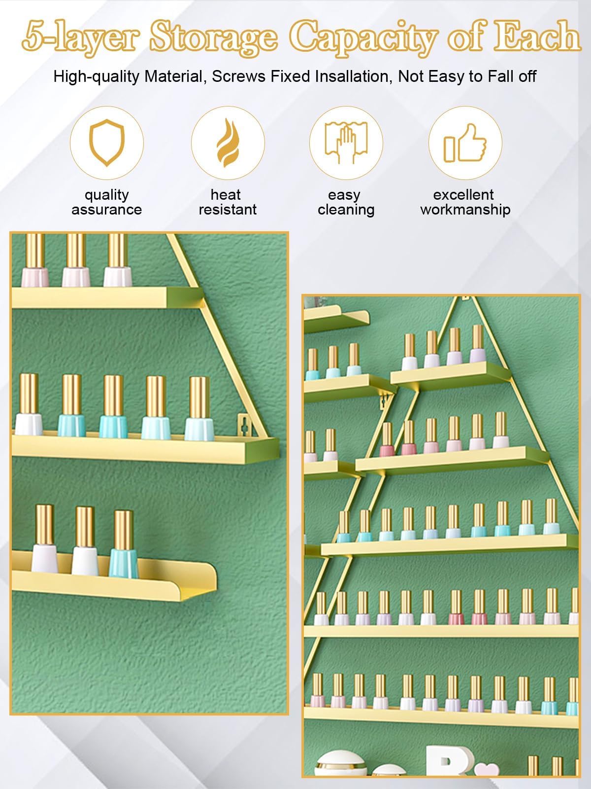 10Pcs Metal Wall-Mounted Nail Polish Storage Racks, Lorvain 5 Tiers Gold Triangular Display Rack Cosmetic Display Cases Lipstick