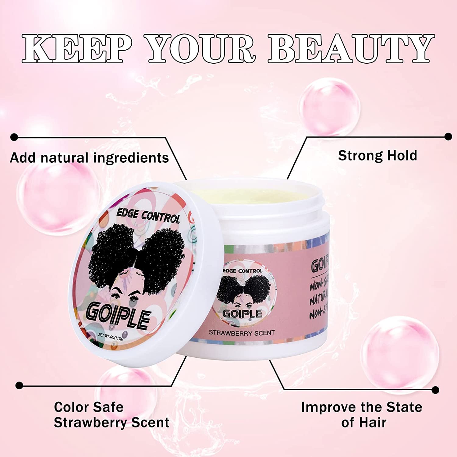 Goiple Edge Control Wax For Women Strong Hold Non-Greasy Edge Smoother Strawberry Scent (4Oz Edge Control Wax + Edge Brushes*2 +
