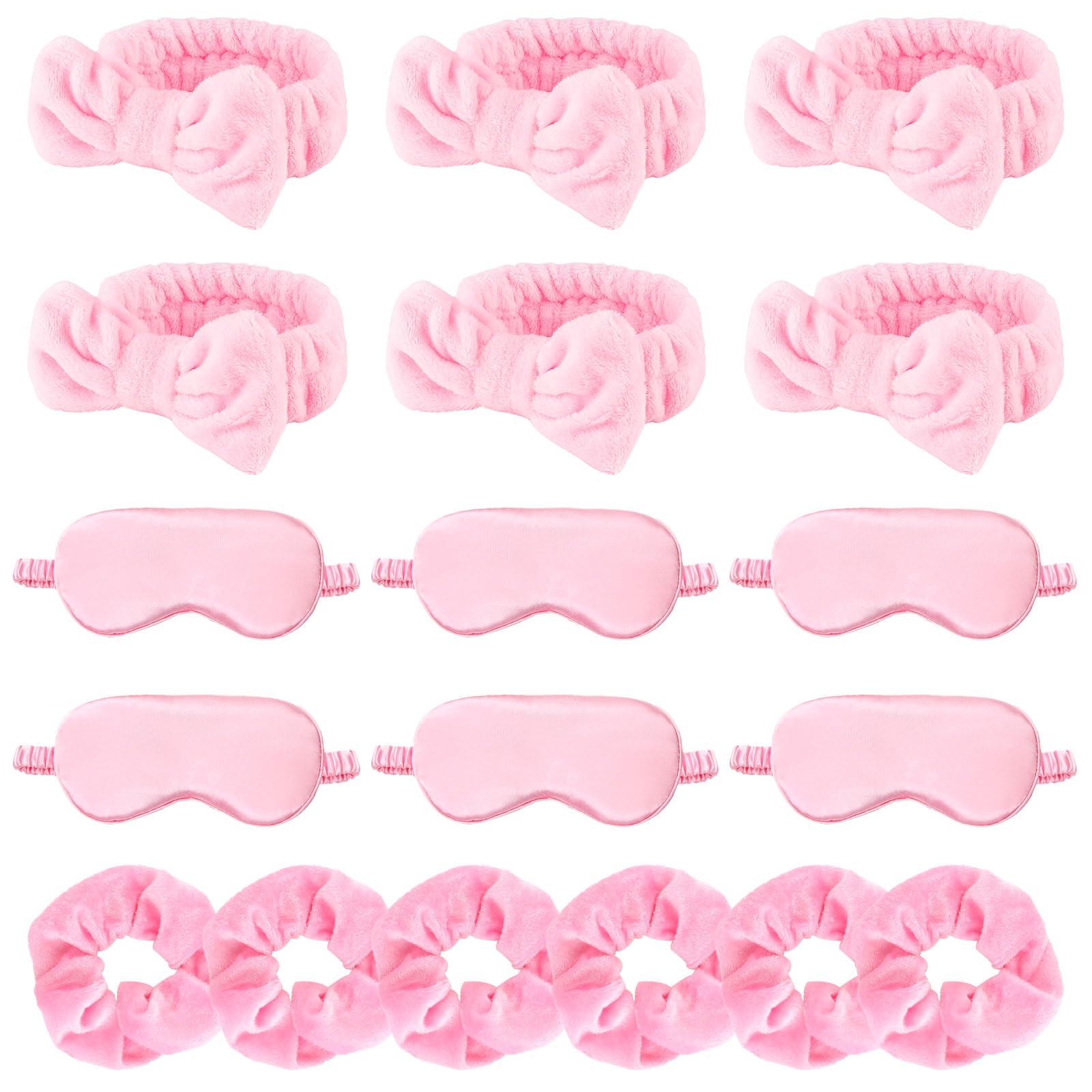 WHAVEL 18 Pcs Sleepover Party Supplies for Girls - Pink Party Favors Include 6 Spa Headband, 6 Silk Eye Mask and 6 Velvet Scrunc