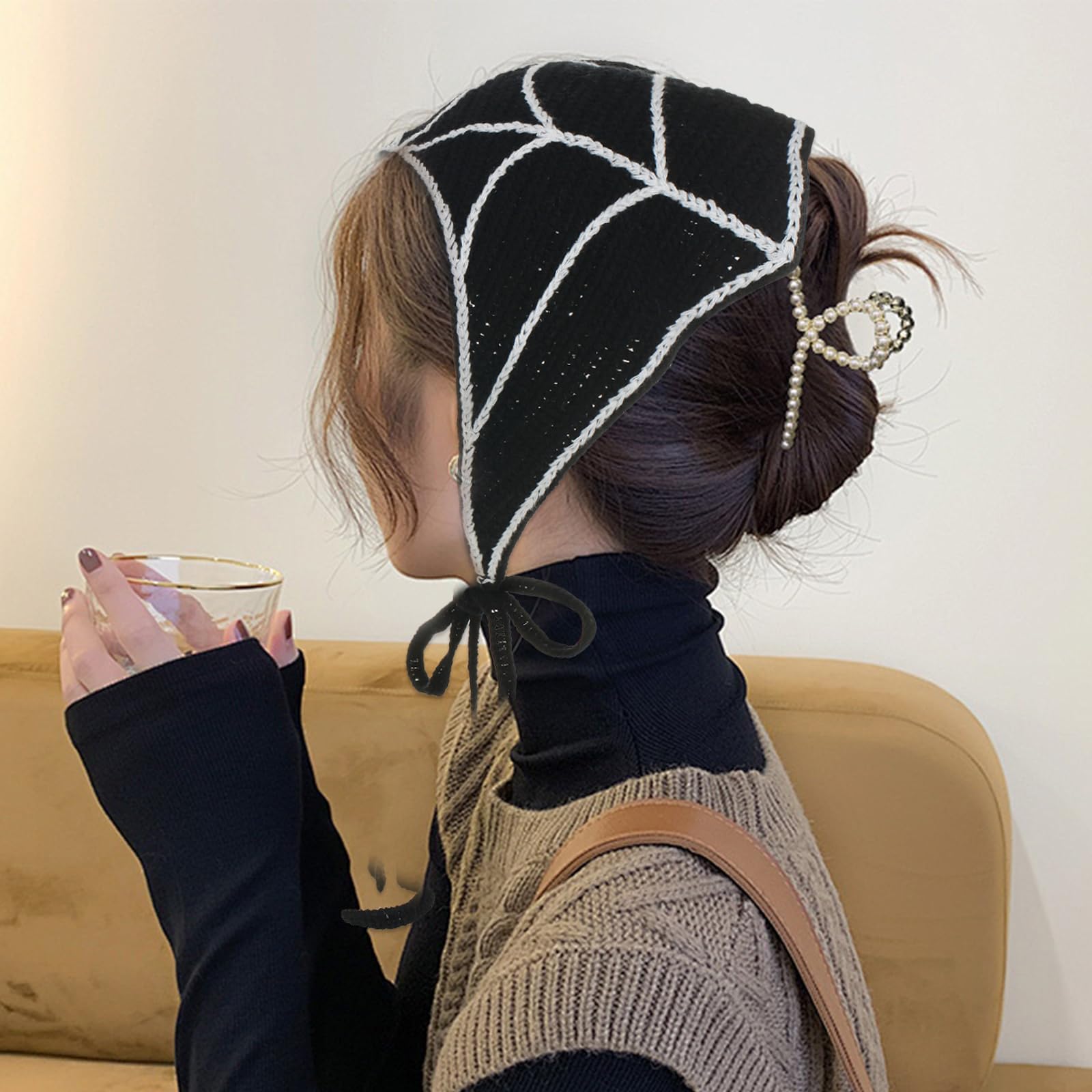 Halloween Headbands for Women Spider Web Crochet Bandana Head Scarf Black Scarf Headband Gothic Hair Bands Halloween Crochet Ban