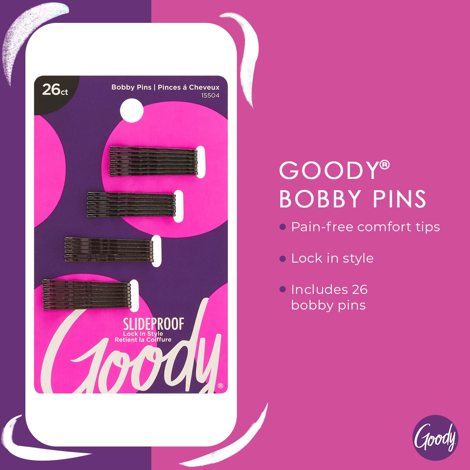 Goody Styling Hair Bobby Pins - 26 Count, Black - Slideproof and Lock-In Place - Suitable for All Hair Types - Pain-Free Hair Ac
