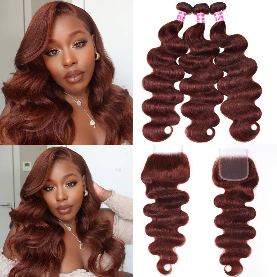 UNICE Reddish Brown Body Wave Human Hair 3 Bundles with 4x4 lace closure Free Part Brazilian Remy Hair Copper Red Wavy Bundles a