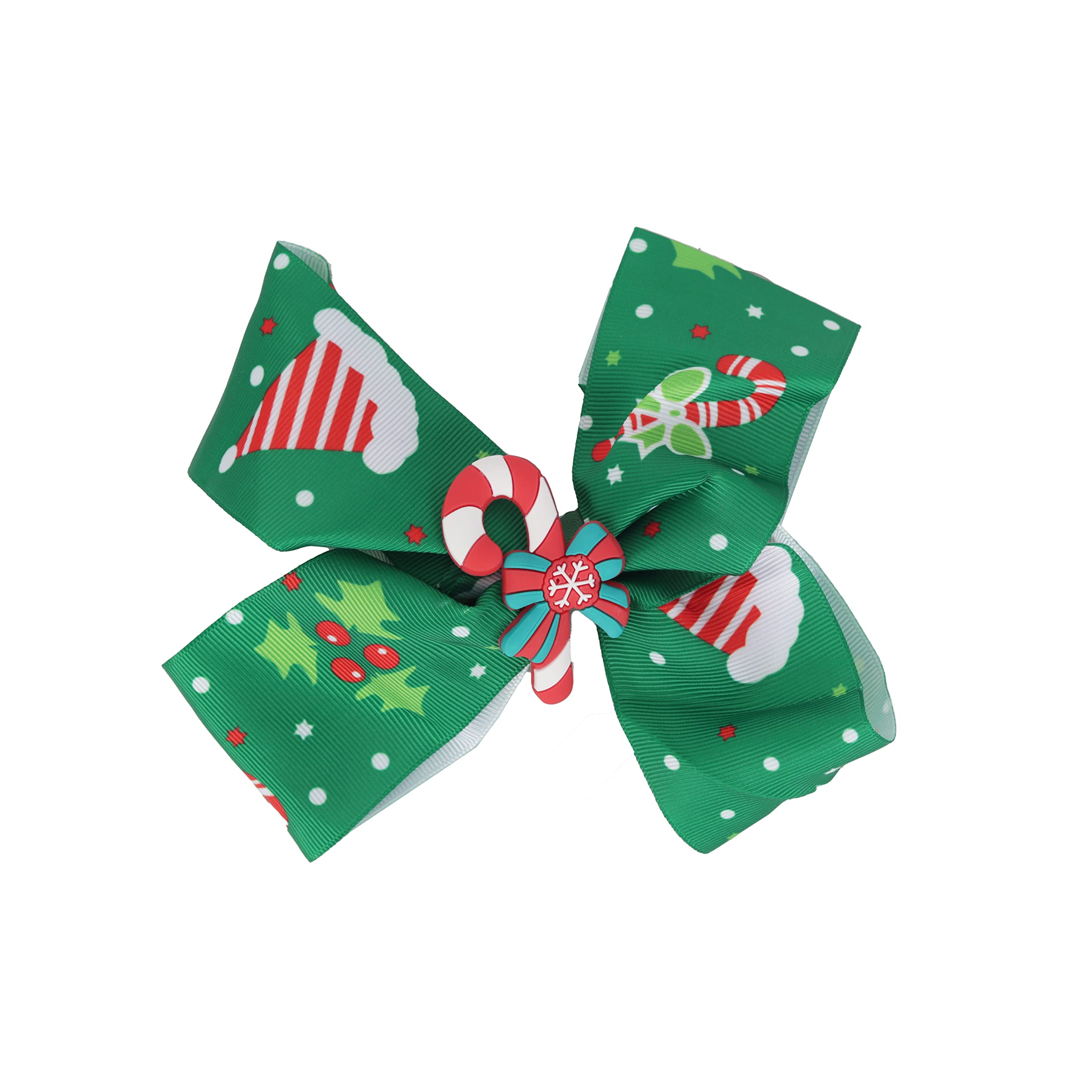 Hair Bow Printed Christmas Bow with Silicone Charm - Green Candy Cane