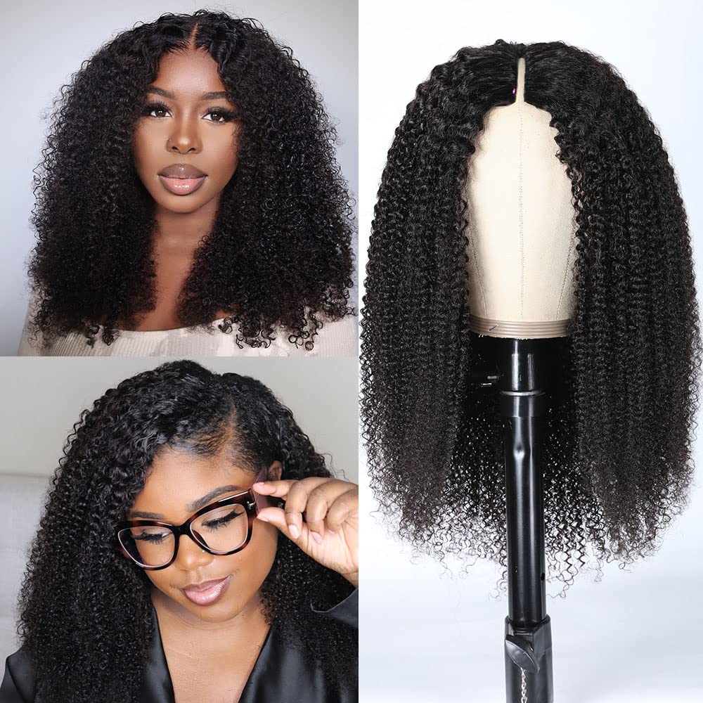 Unice Glueless Kinky Curly V Part Wigs Human Hair No Lace Upgrade U Part Wigs Afro Kinky Curly V Shape Human Hair Wig With Clips