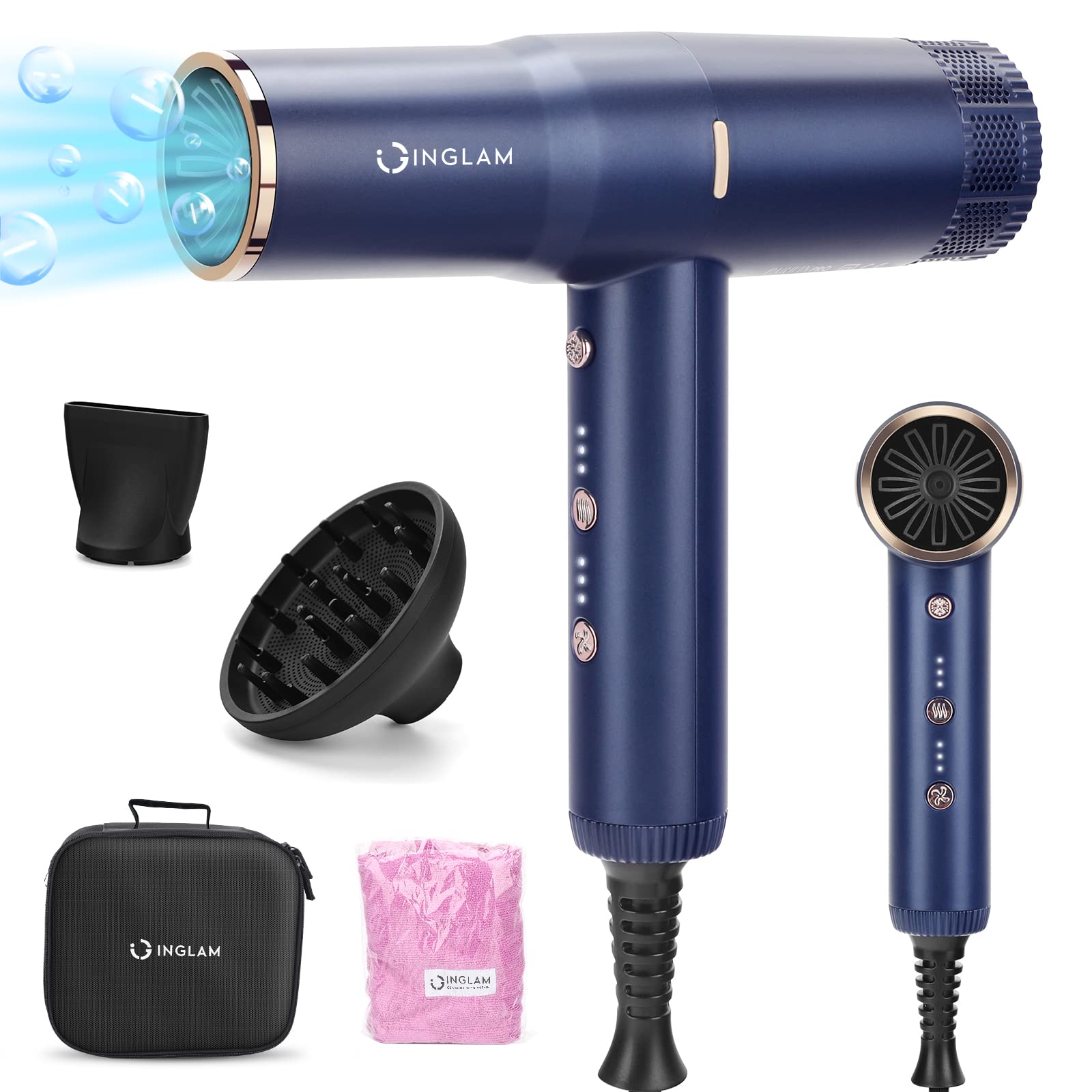 Diffuser Hair Dryer, IG INGLAM Professional Blow Dryer 110,000 RPM High Speed Brushless Motor Negative Ion Low Noise Constant Te