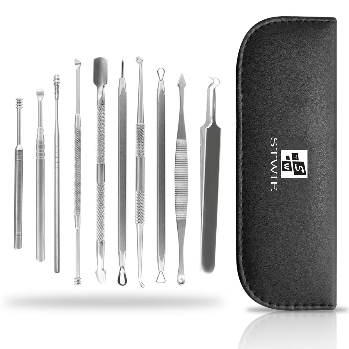 10pcs Pimple Popper Blackhead Remover Tool +Ear Wax Removal +Cuticle Pusher Stainless Steel Comedone Zit Blemish Acne Kit with B