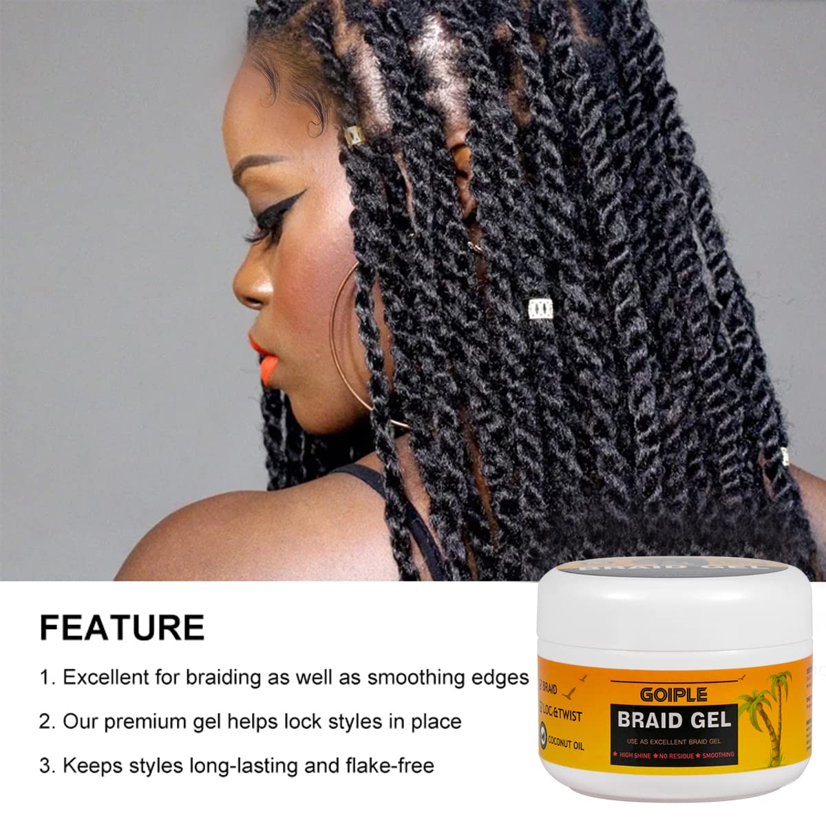 Goiple Strong Hold Braid Gel Good For Twist, Locs, Braids, Edge No Flake Extra Hold High Shine Braiding Gel & Edge Control 8.8Oz