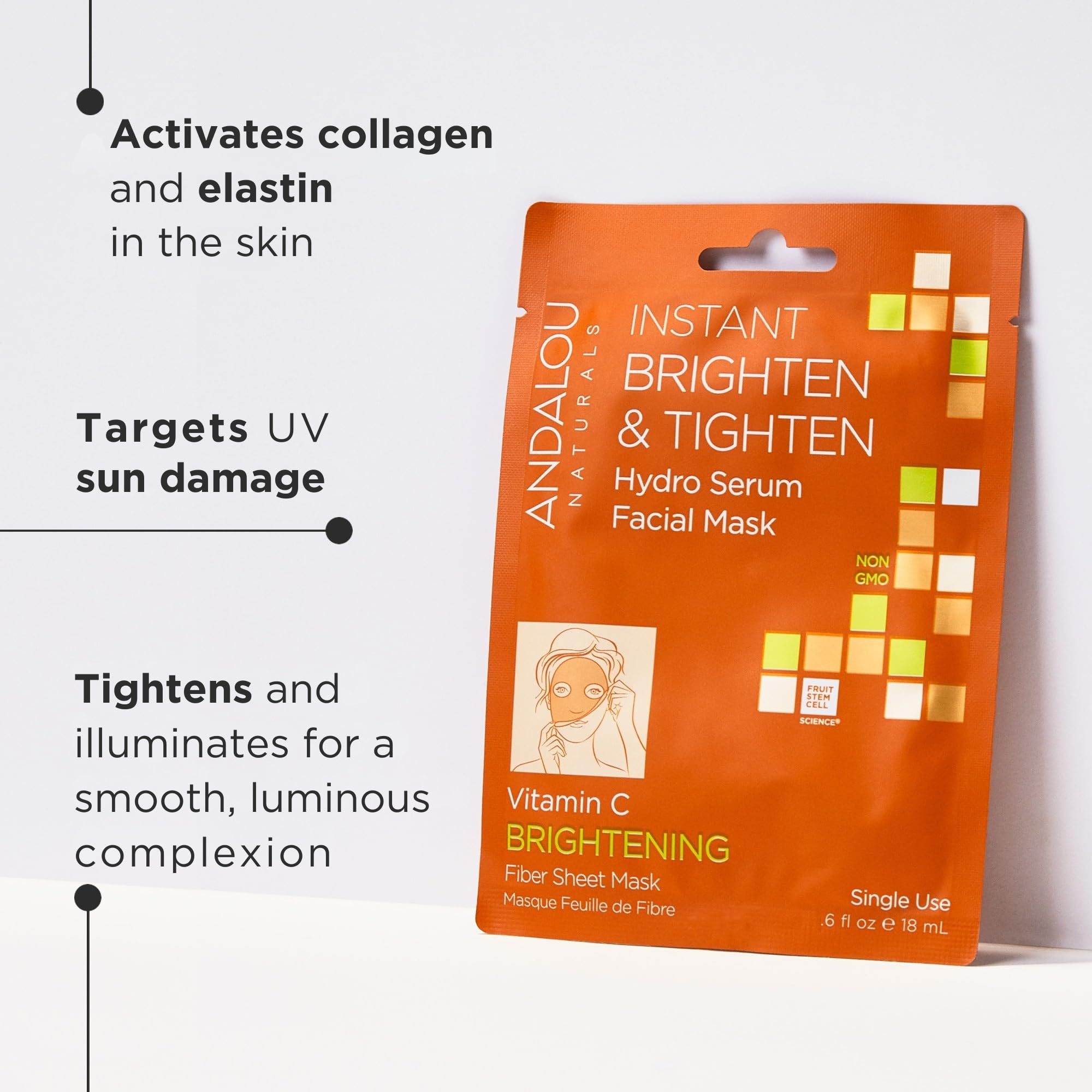 Andalou Naturals Instant Brighten and Tighten Hydro Serum Facial Mask, Single Face Mask, 0.6 Ounce (Pack of 6)