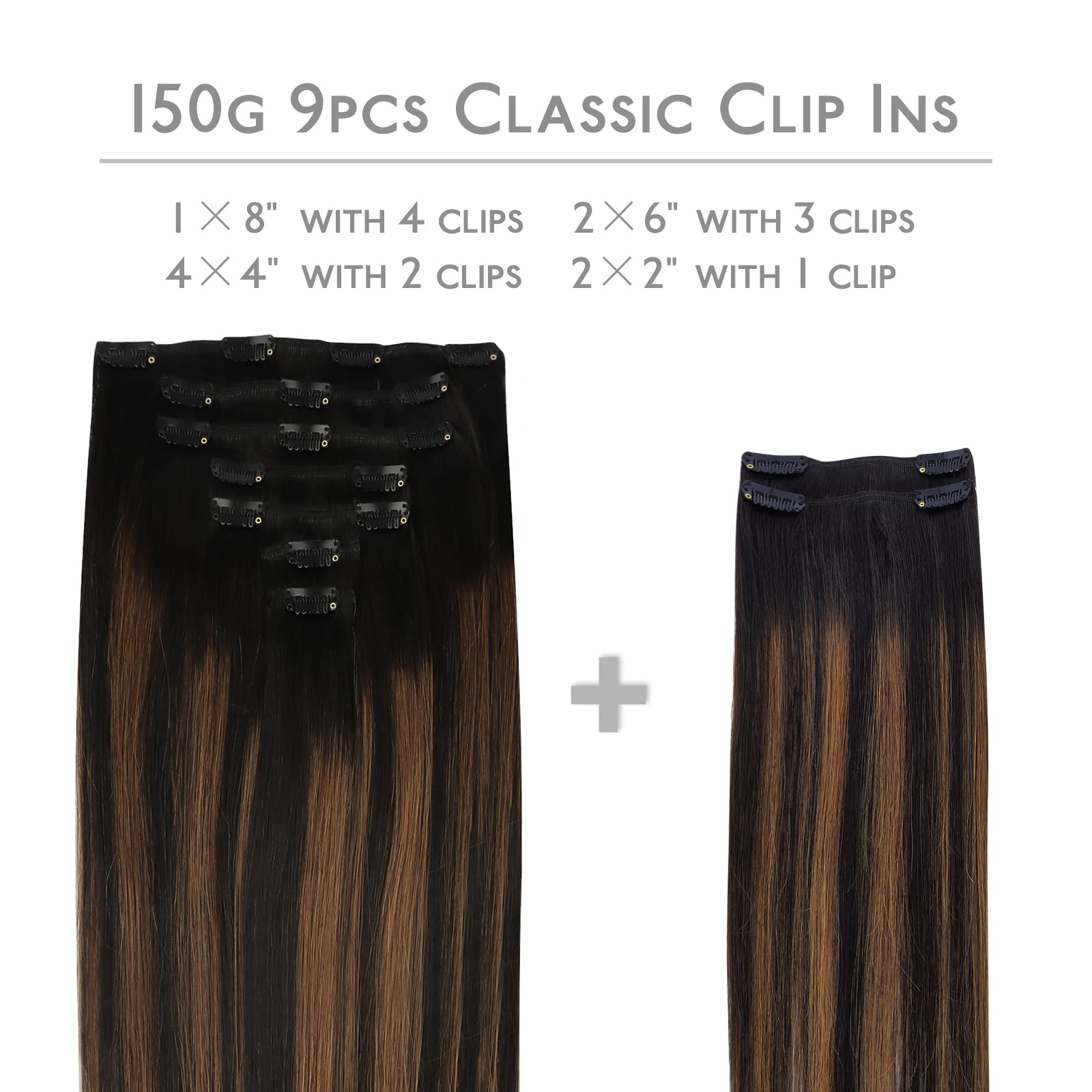 Wennalife Clip In Hair Extensions, 150G 14 Inch 9Pcs Balayage Natural Black To Chestnut Brown Human Hair Extensions Thicker Clip