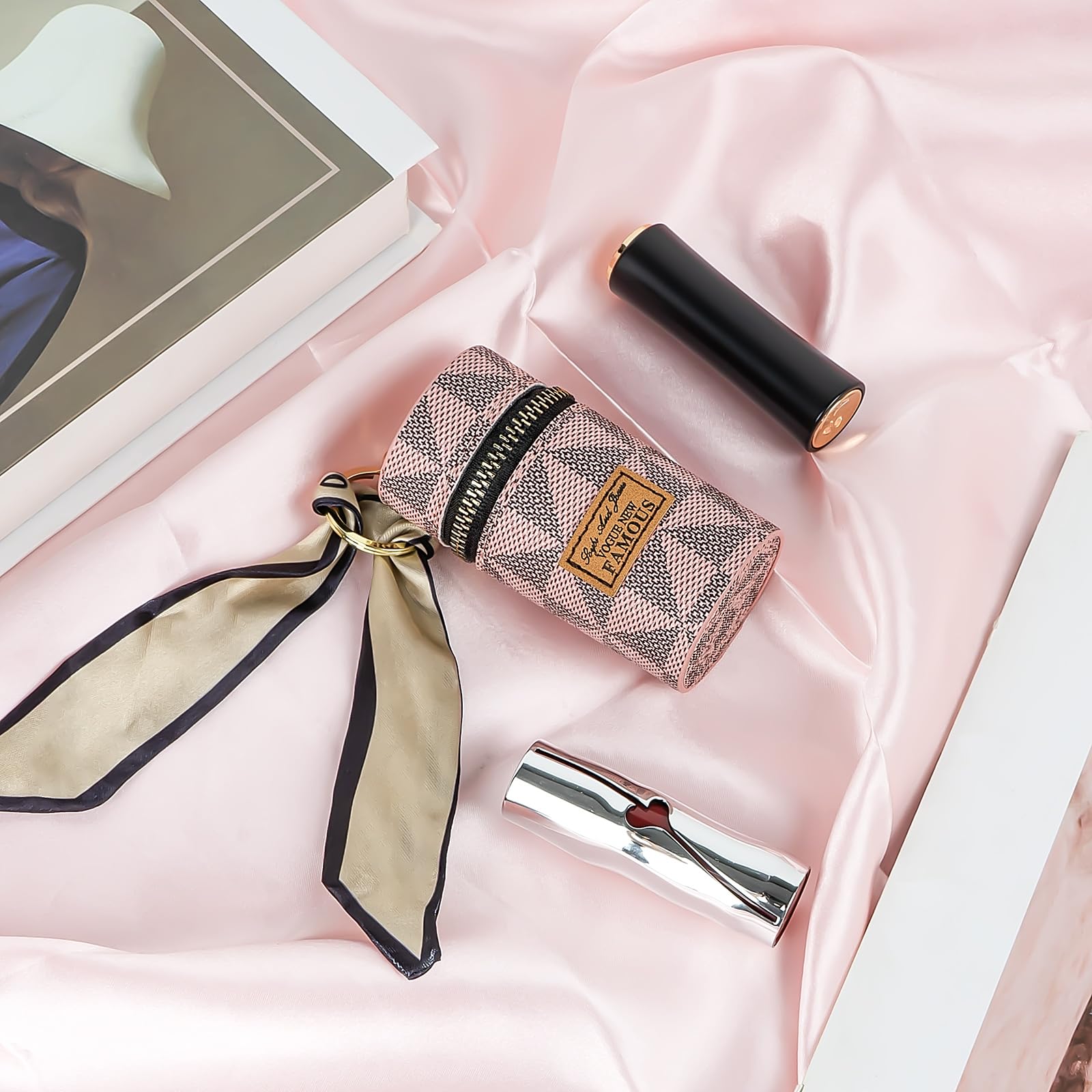 Adorila Lipstick Case, Mini Leather Lip Gloss Lipstick Organizer, Travel Lipstick Bag with Keychain for Perfume Fingernail Polis