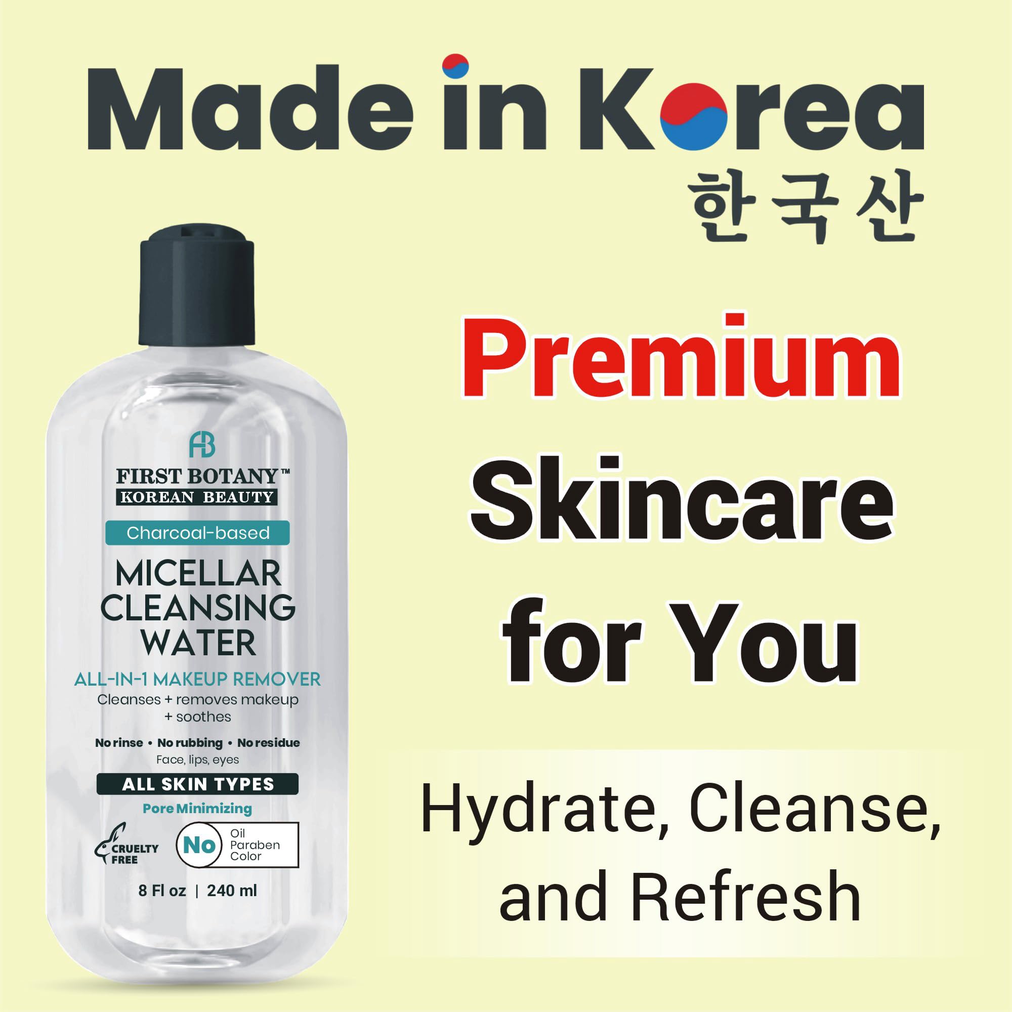 Korean Micellar Water Makeup Remover - Charcoal Hydrating Toner And Cleanser, Pore Cleansing,Oil-Free, Gentle For All Skin Types