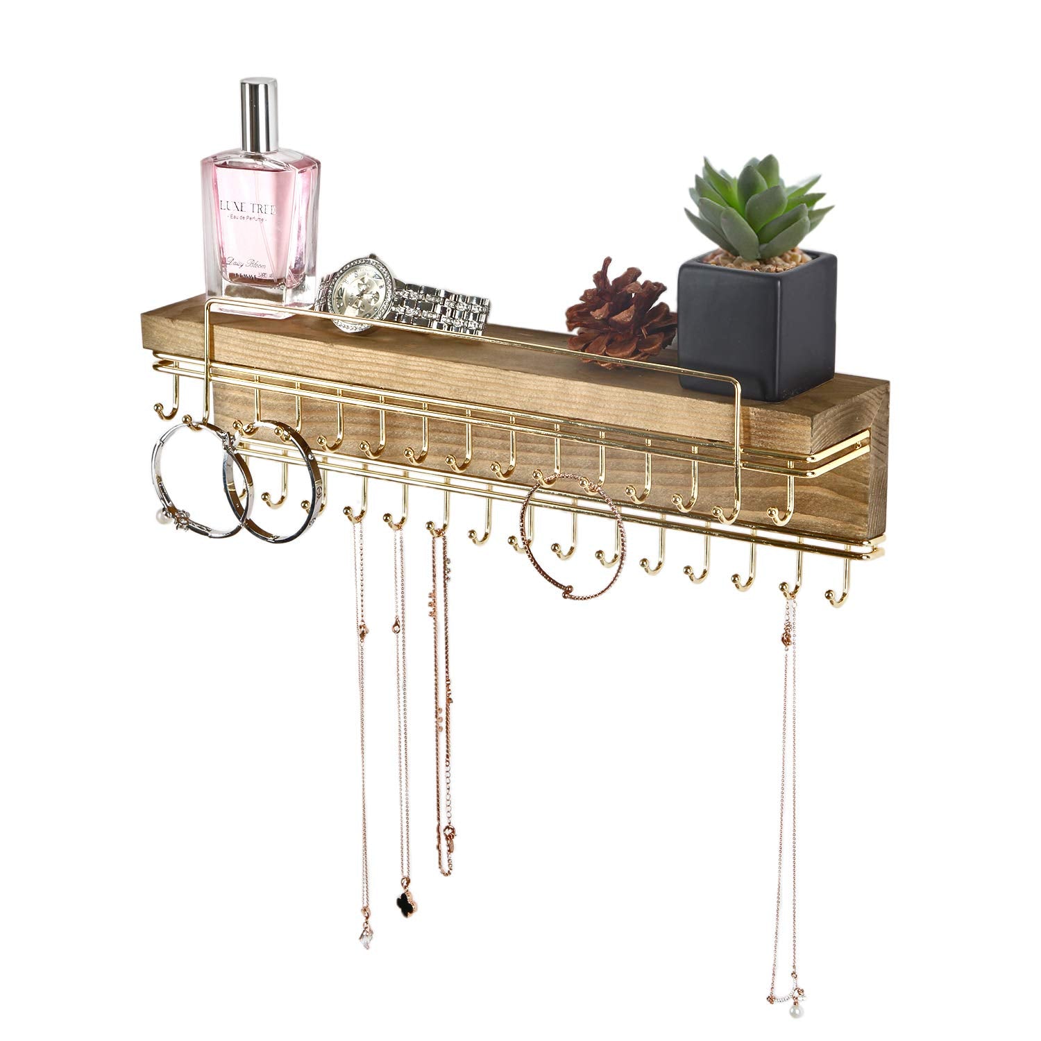 J JACKCUBE DESIGN Rustic Wood Wall Mounted Jewelry Organizer with 30 Gold Metal Hooks Display Shelf Storage for Necklaces, Brace