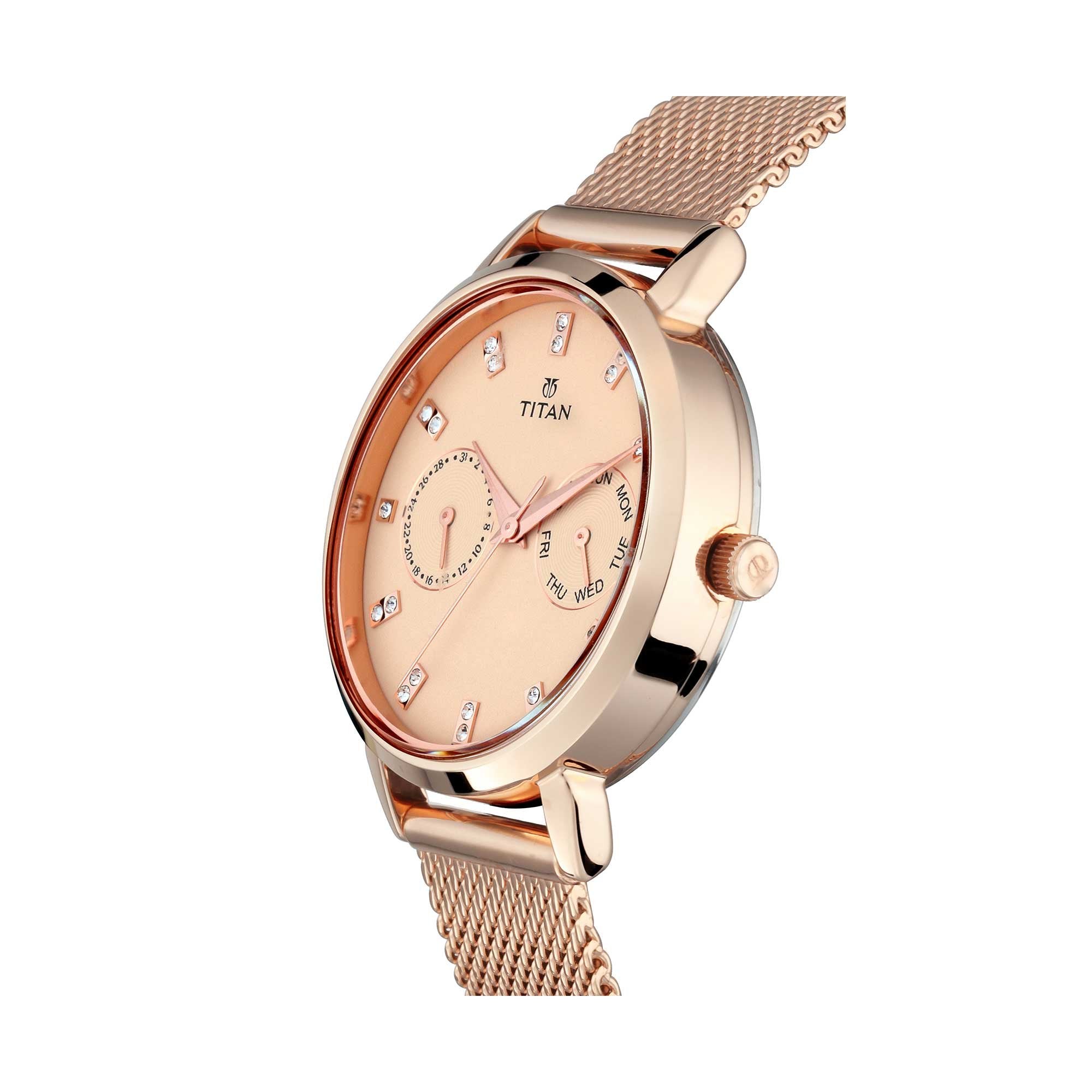 Titan Sparkle Women’S Multi-Functional Dress Watch With Swarovski Crystals | Quartz, Water Resistant, Mesh Band | Gold Band And Gold Dial
