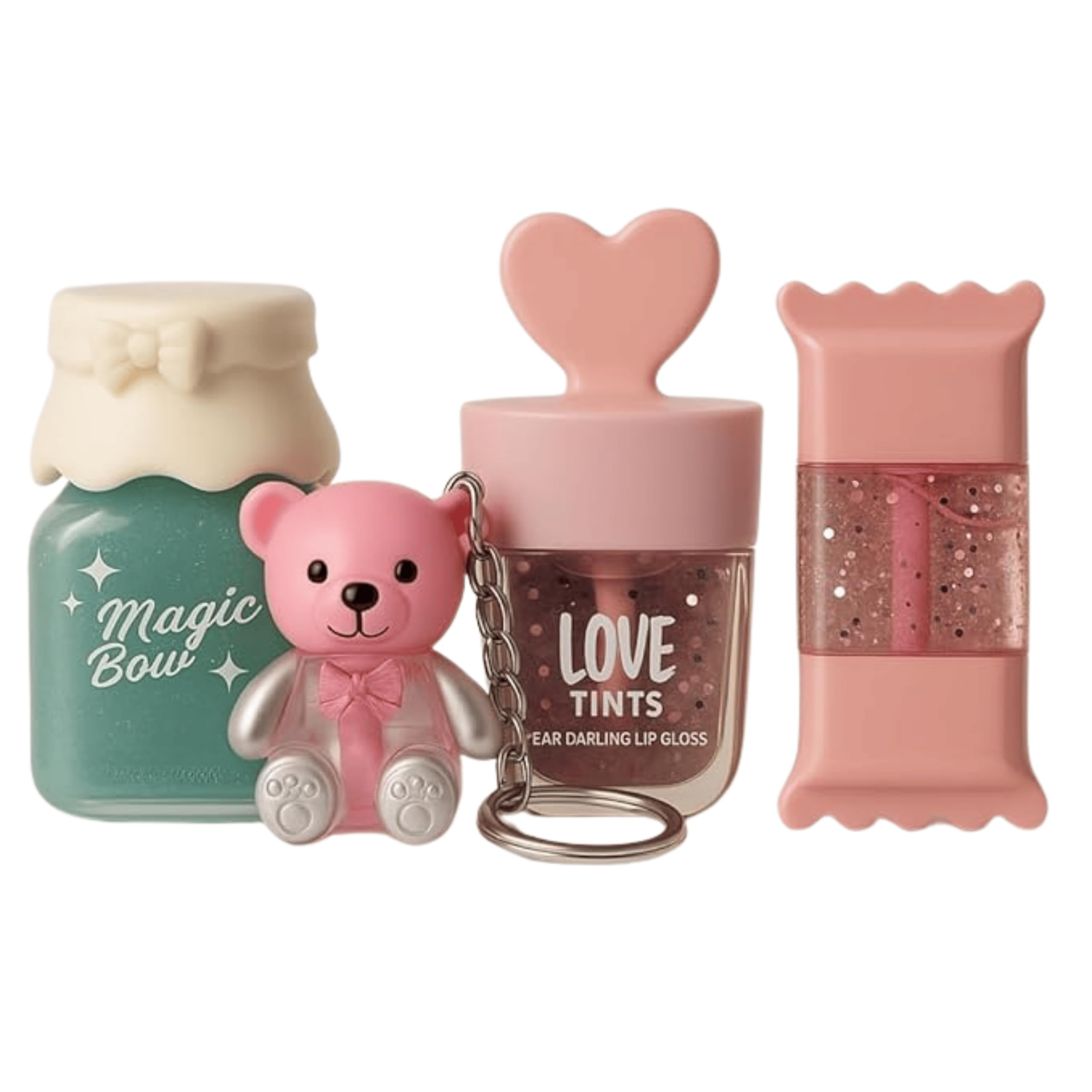 Cute Lip Gloss Combo Set Of 4 | Heart, Candy, Toffee & Bottle Shape Mini Lip Gloss | Ph Color Changing Natural Pink Tint | Flavo
