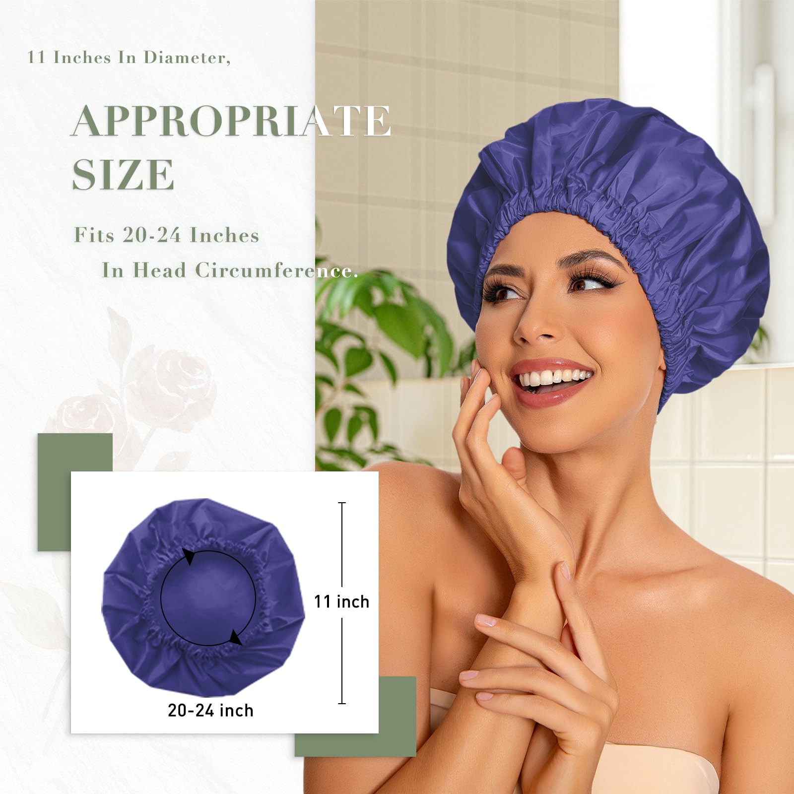 Shower Cap For Women, Reusable Large Waterproof Shower Bonnet Washable Elastic Band Bath Hair Hat For Long Hair, Braids(Dark Blu
