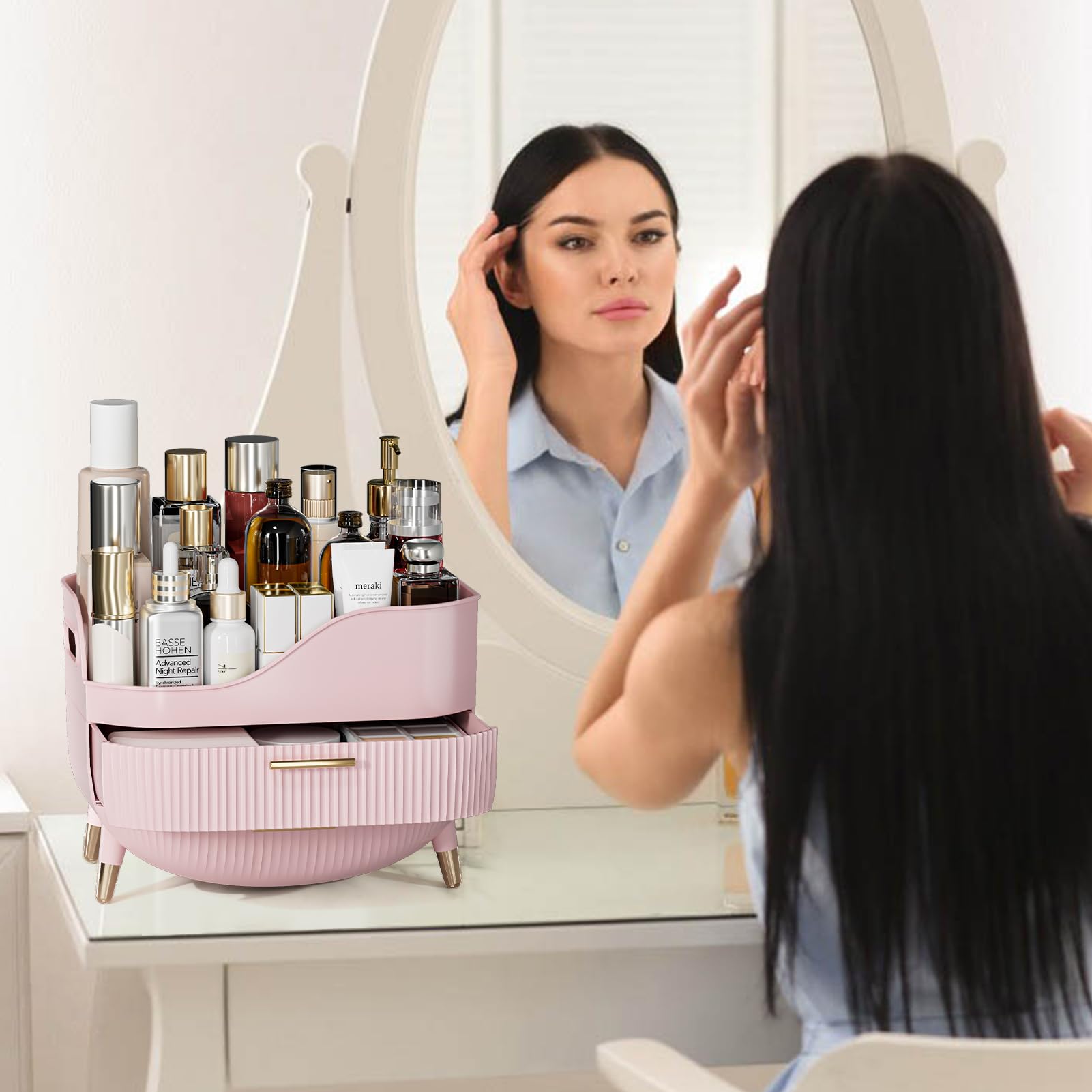Makeup Organizer For Vanity, Large Capacity Skincare Cosmetic Organizer Countertop With 2 Drawers, Cosmetic Display Cases Makeup