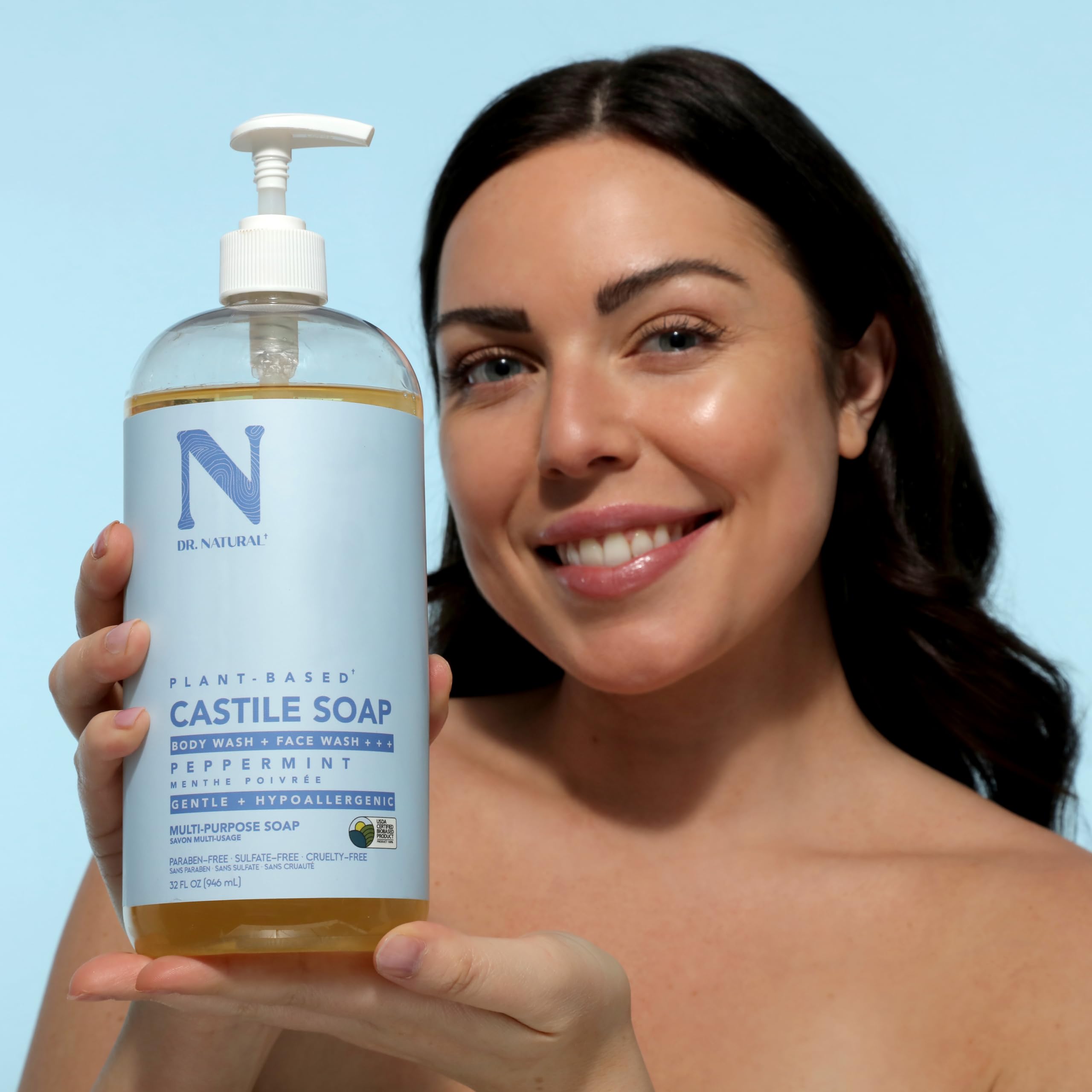 Dr. Natural Castile Liquid Soap, Peppermint, 32 Oz - Plant-Based - Made With Organic Shea Butter - Rich In Coconut And Olive Oil