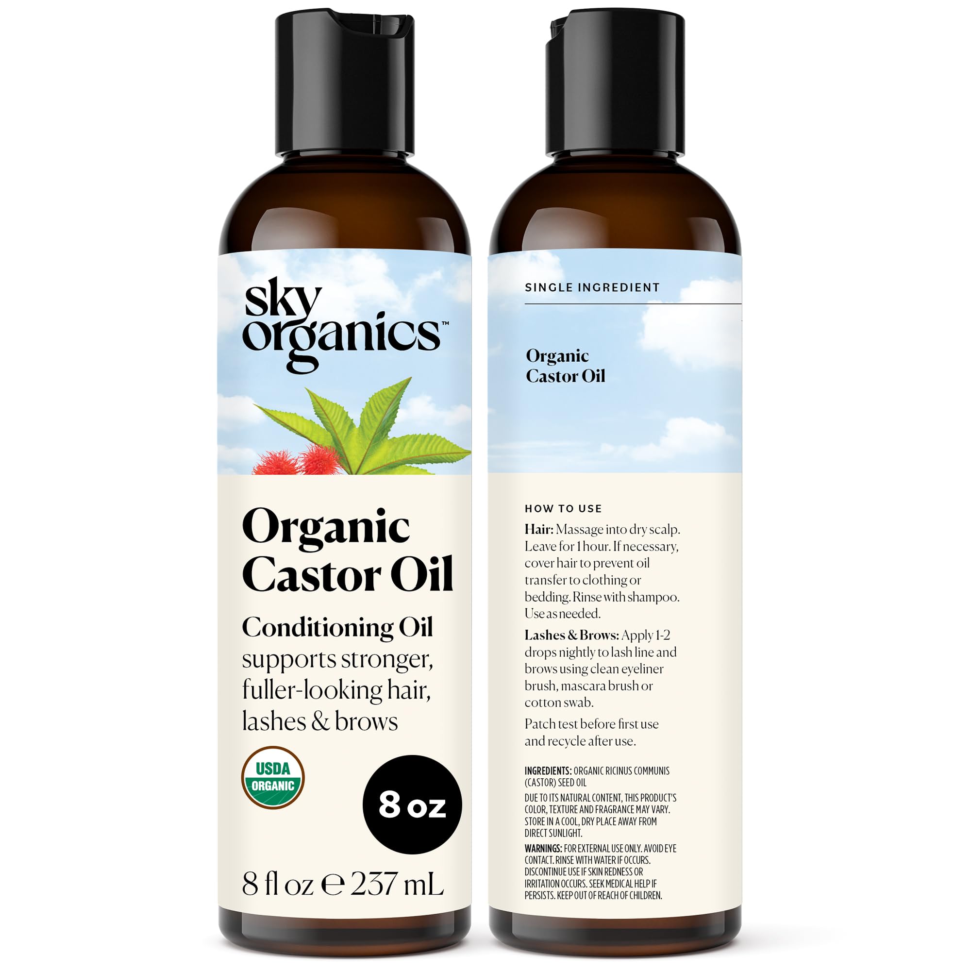 Sky Organics Organic Castor Oil (8 oz) USDA Certified Organic, 100% Pure, Cold Pressed, Hexane Free, Boost Hair Growth, Use with