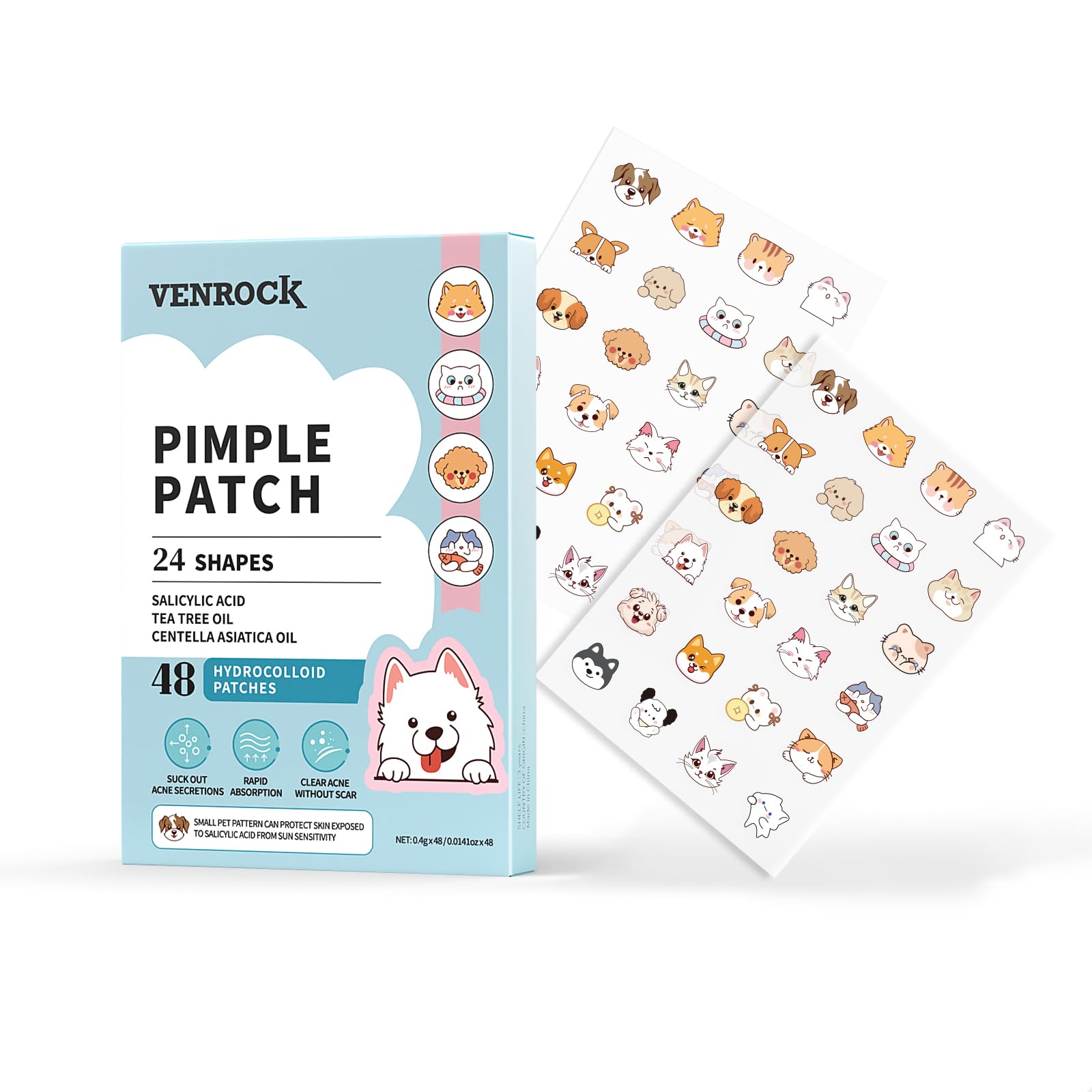 VENROCK Pimple Patches for face,24 Cute Pet Shapes 48 Count Hydrocolloid Acne Treatment for Covering Zits & Blemishes Spot for K