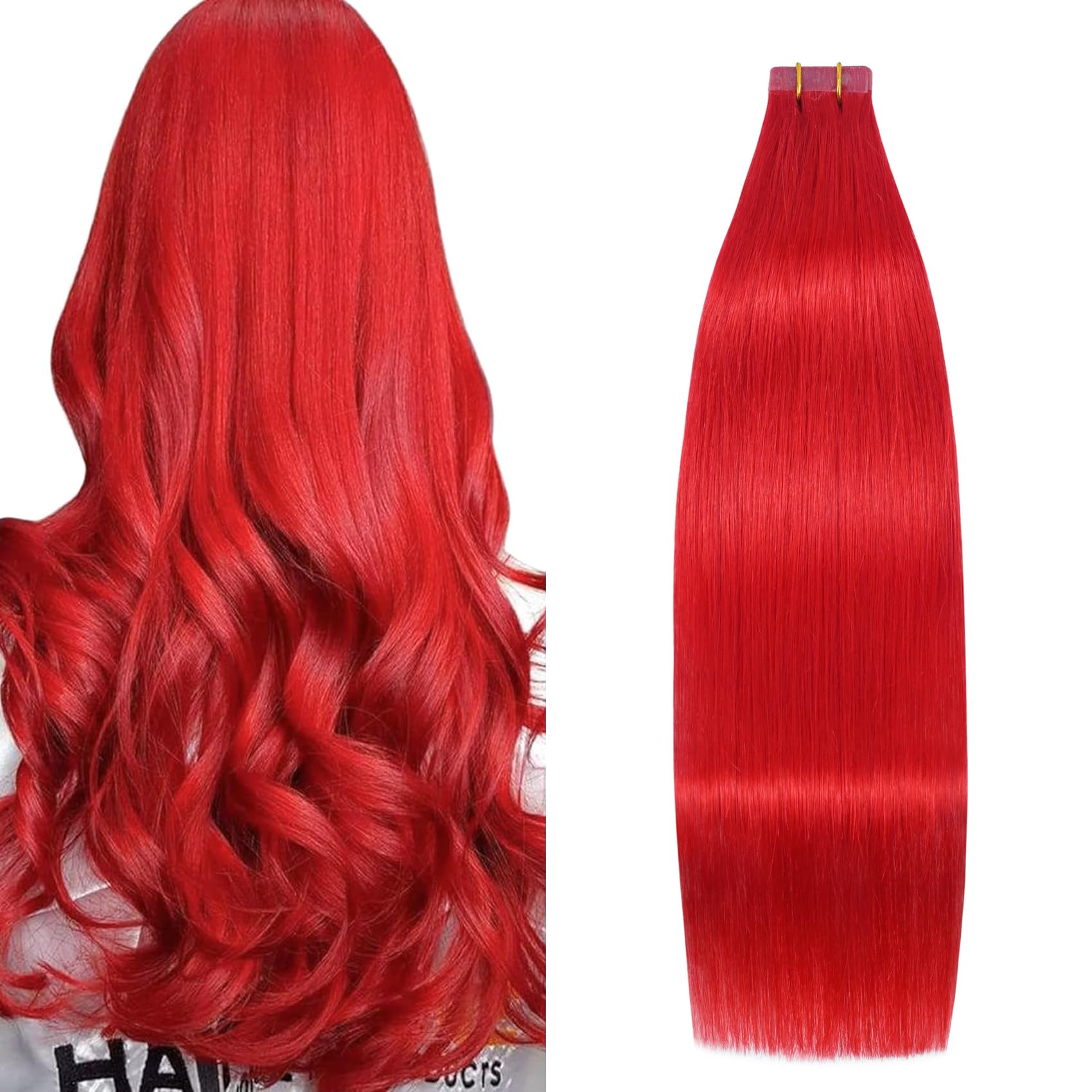 Red Tape in Hair Extensions Human Hair 16 Inch 30G 100% Remy Human Hair Extensions Silky Straight for Women 20 Pcs/Package
